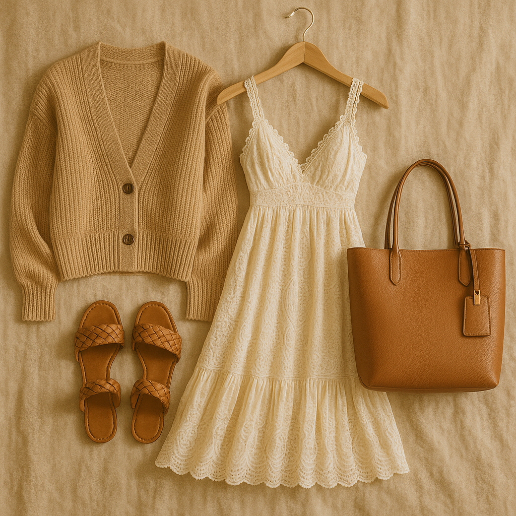 Camel cardigan, ivory dress, woven sandals, and tan tote arranged as a thoughtful shopping addition