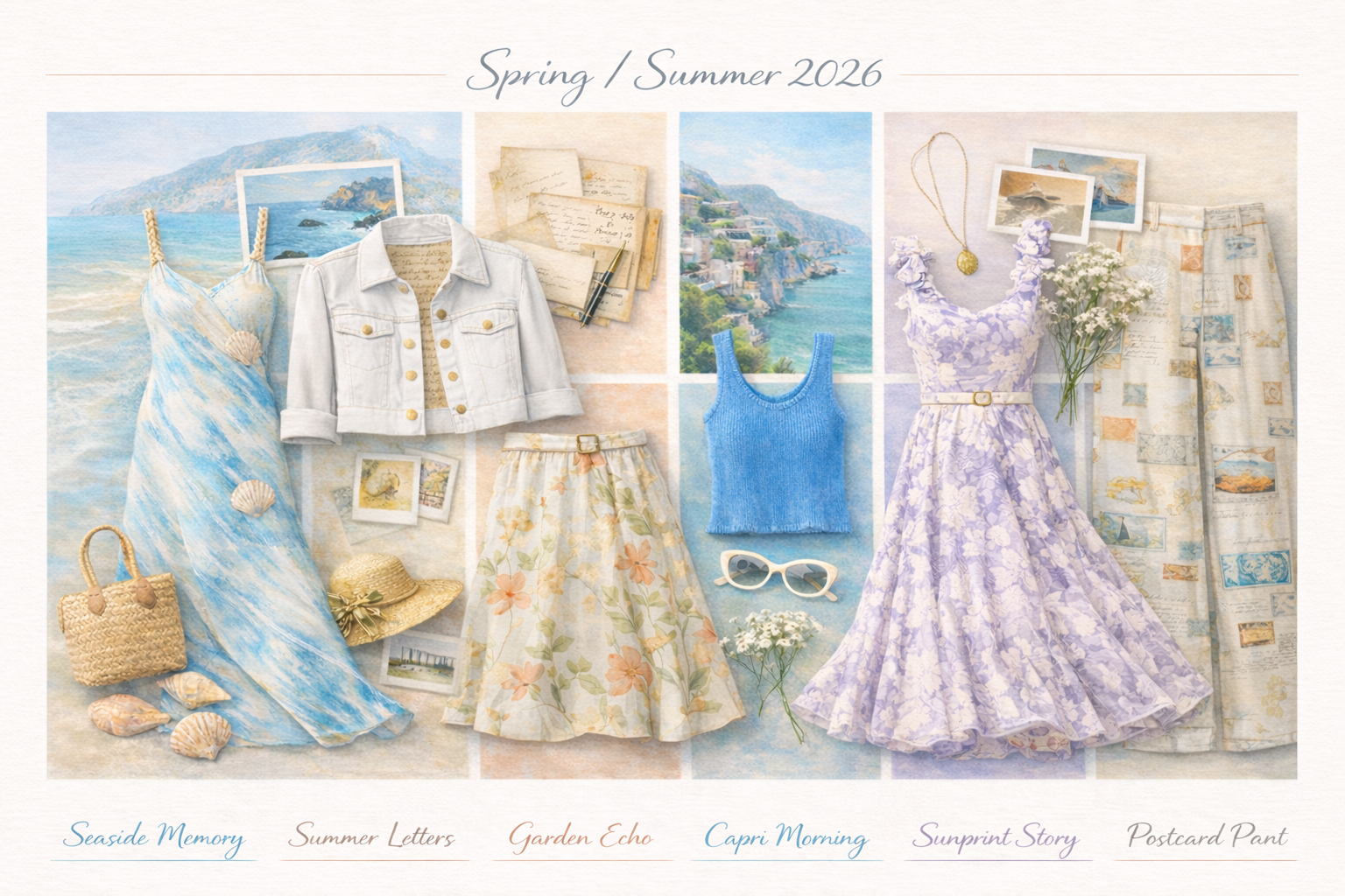 Spring Summer 2026 fashion flat lay featuring pastel dresses, floral skirt, blue knit tank, cropped denim jacket, straw bag, sunglasses, and travel postcards arranged in a coastal, nostalgic palette.