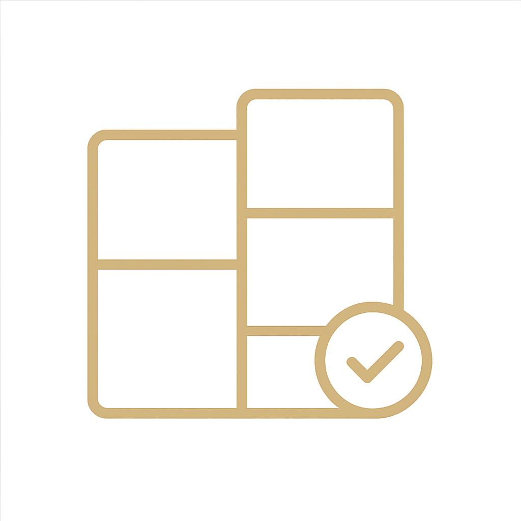 Outline of a grid with four squares and a circle with a checkmark in the bottom right corner.