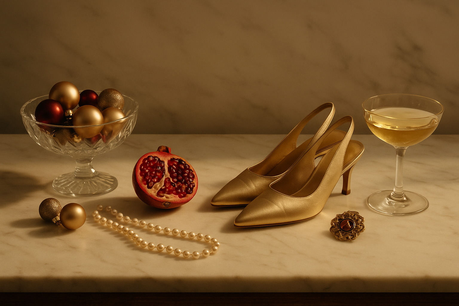 Holiday still life with gold heels, champagne coupe, pearl necklace, pomegranate, and Christmas ornaments on marble.