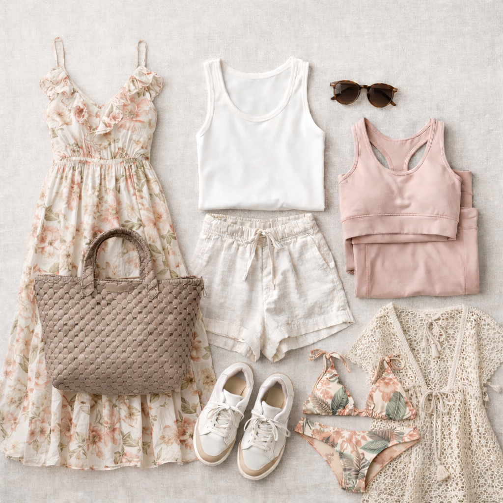 Flat lay of an elevated tropical travel capsule featuring a floral midi dress, pale pink workout set, white tank and linen shorts, a zip tote bag, white sneakers, a crochet cover-up, and a peach tropical bikini arranged on a light fabric background.
