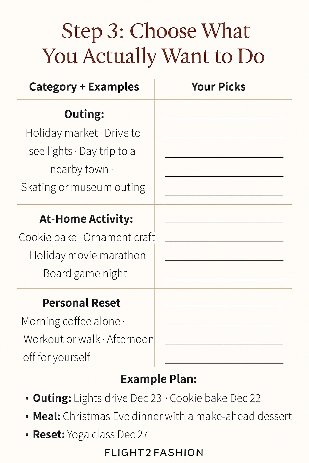 Flight2Fashion December planning guide Step 3: two-column chart with categories, example activities, and space to write in picks for outing, at-home activity, meal, and reset