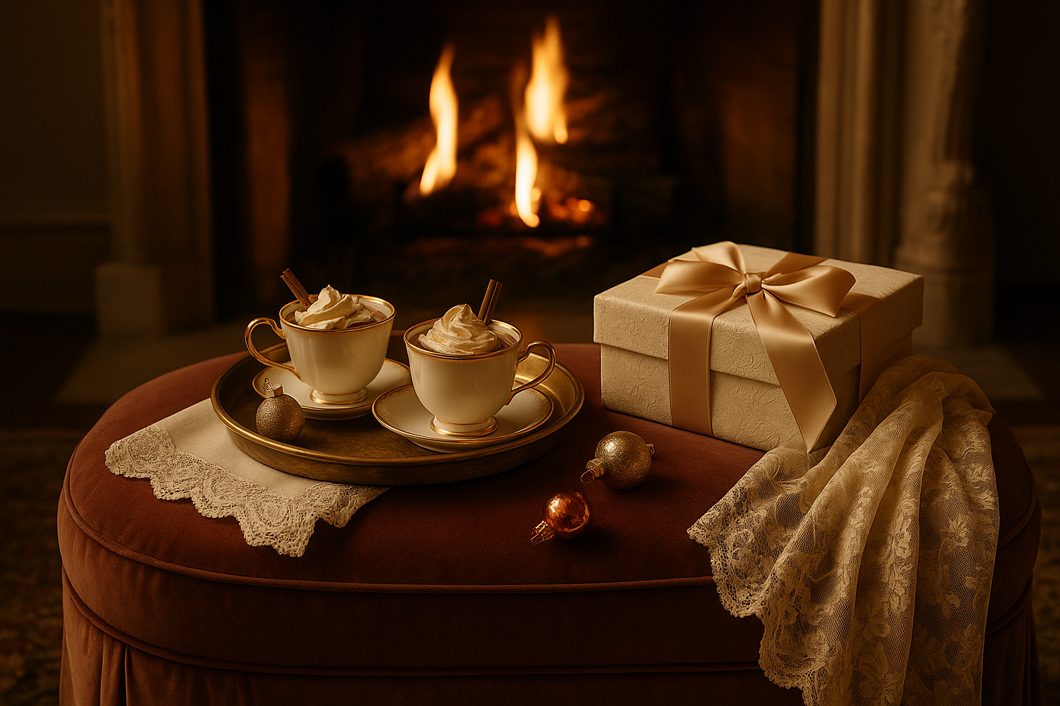 Cozy holiday scene with hot chocolate cups, wrapped gift, ornaments, and lace on an ottoman by a fireplace.