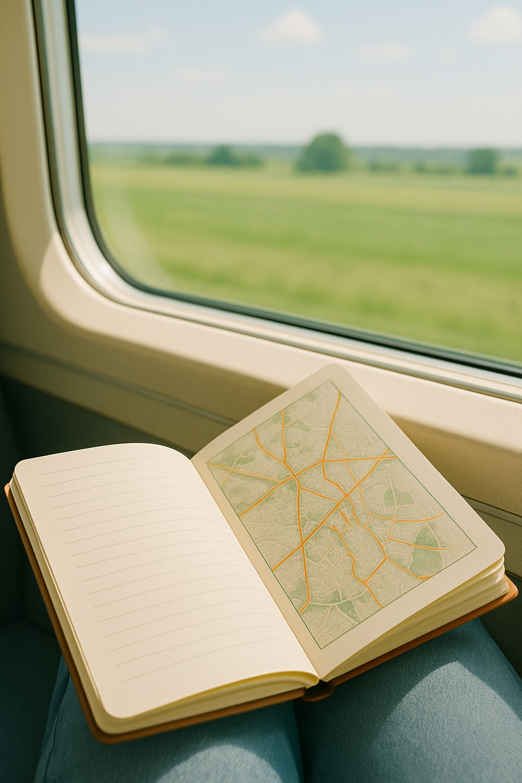 Travel journal open to a map on a train seat, representing end-of-year reflection and planning next year’s trips.