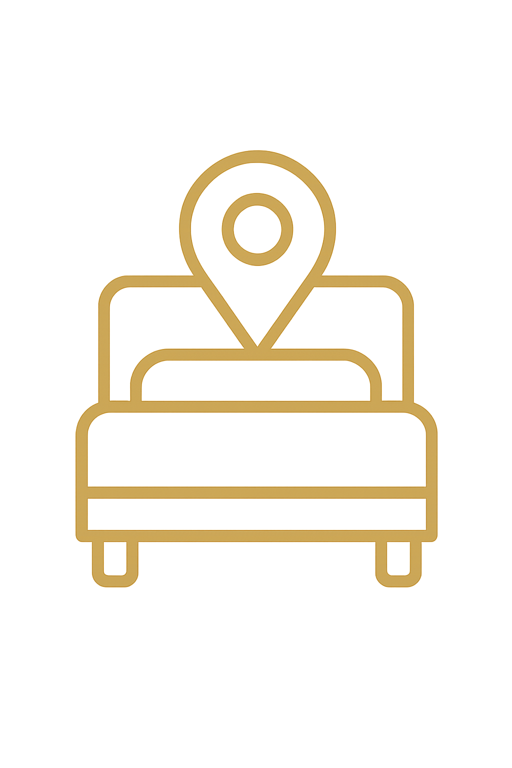 Minimalist gold line icon of a bed with a location pin, representing choosing the right hotel or apartment for your trip