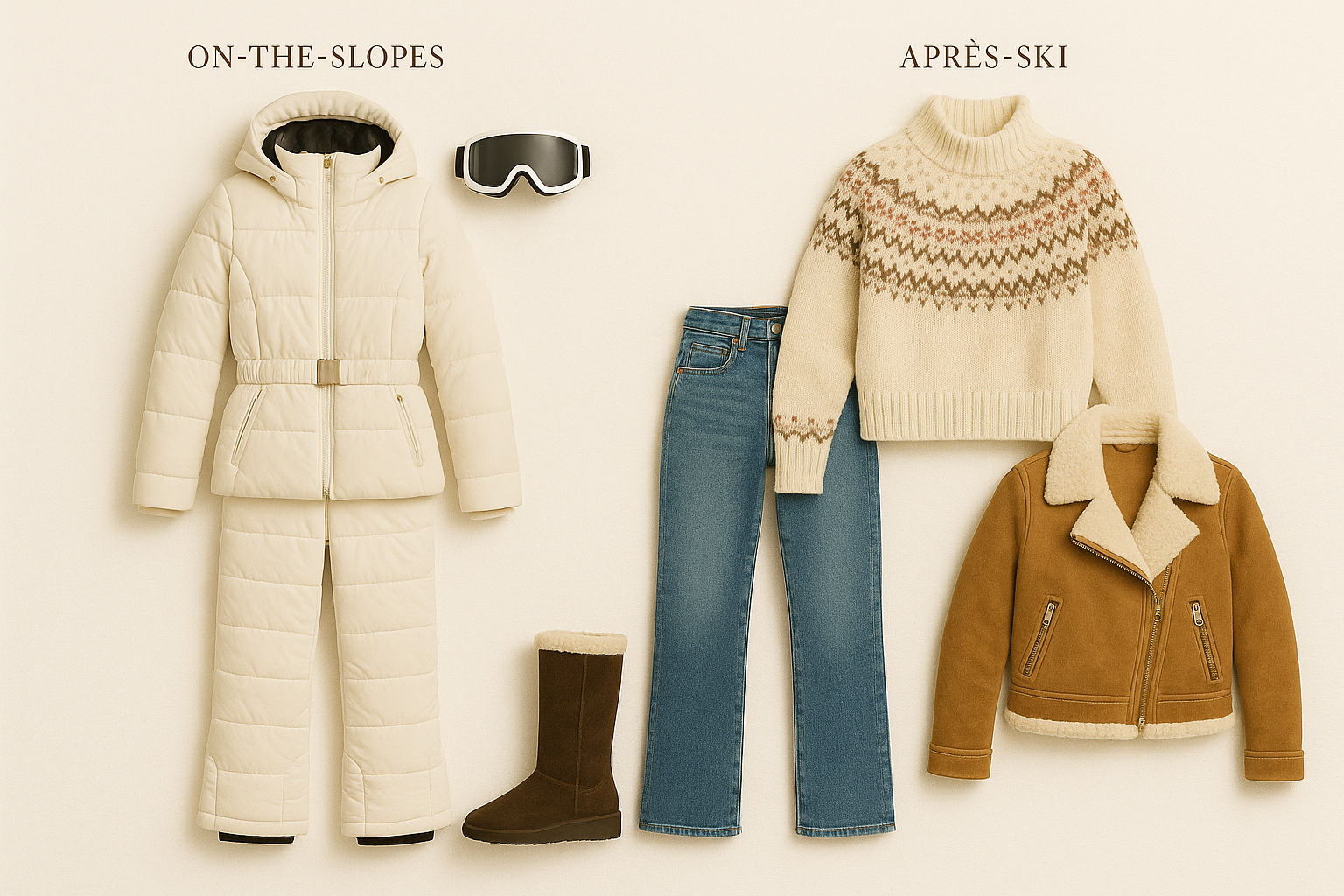 Ski trip outfit ideas with on-the-slopes puffer suit, goggles, snow boots, and après-ski fair isle sweater, jeans, and shearling jacket — Flight2Fashion winter travel wardrobe inspiration.