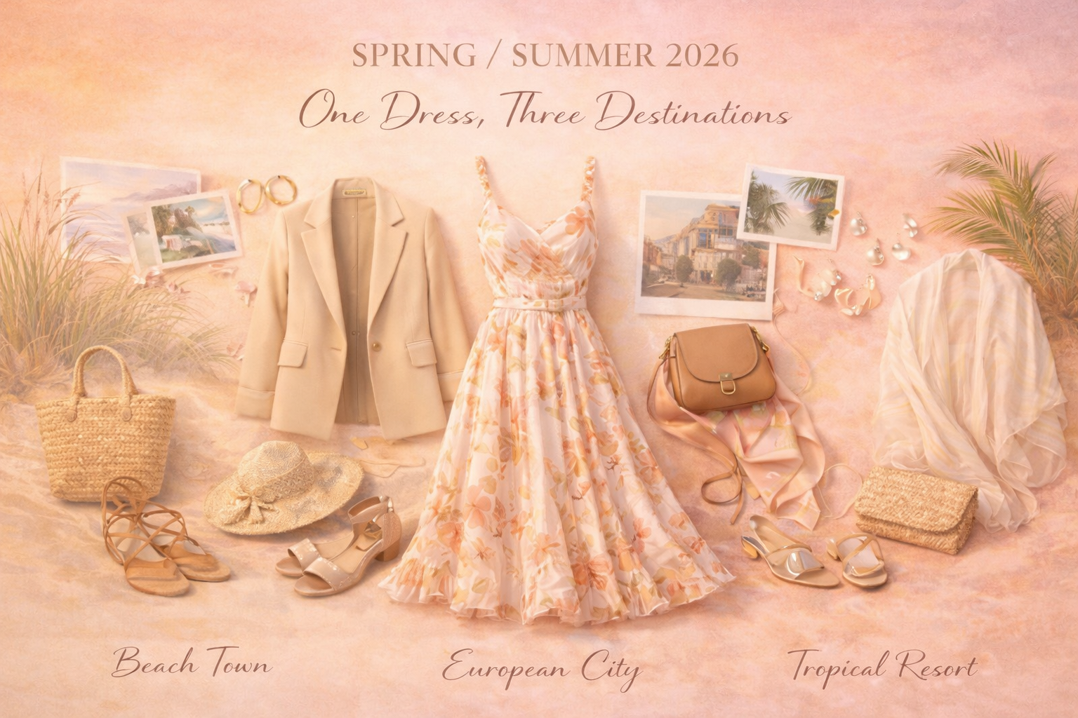 Spring/Summer 2026 “One Dress, Three Destinations” flat-lay showing a floral dress styled for a beach town, European city, and tropical resort with coordinating accessories on a soft pastel background.