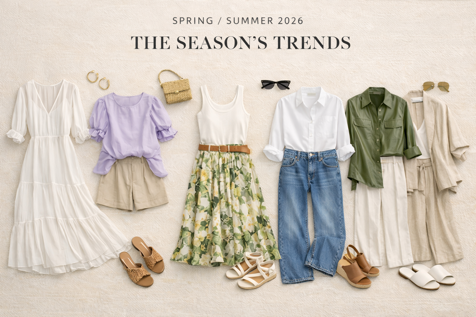 Spring/Summer 2026 flat-lay trend edit featuring five outfits in white, lavender, green, denim, and linen neutrals, styled with sandals, woven bags, and sunglasses on a textured neutral background.