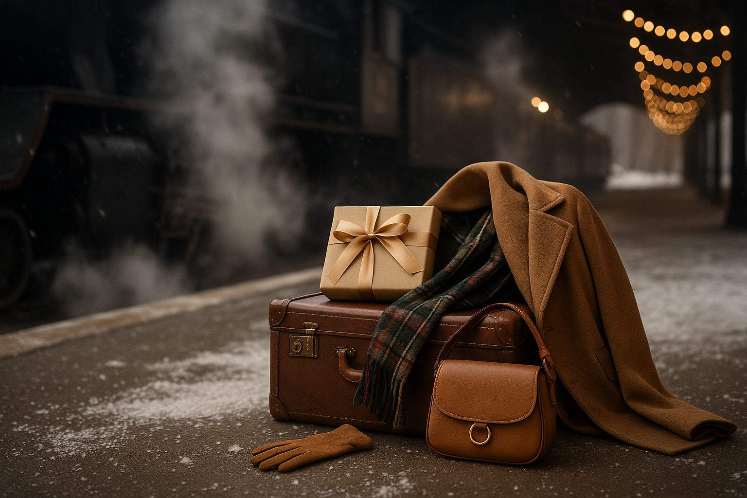 Winter travel scene with vintage suitcase, camel coat, tartan scarf, leather bag, gloves, and wrapped gift on a snowy train platform — Flight2Fashion holiday travel style inspiration.