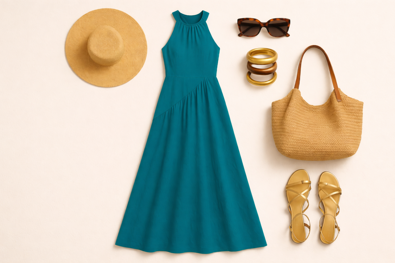 Spring Summer 2026 flat lay featuring a turquoise sleeveless dress styled with a straw hat, woven tote, leather sandals, sunglasses, and gold bangles in a warm, resort-inspired palette.