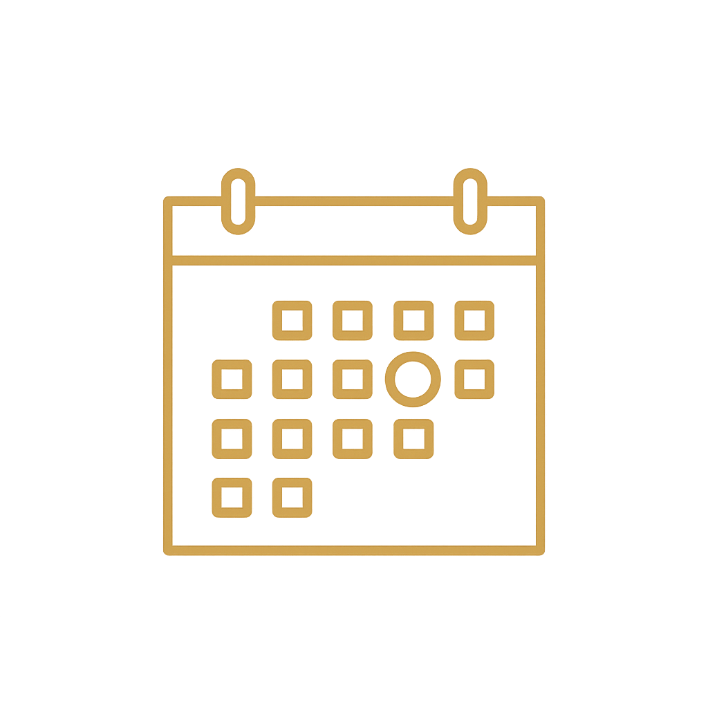 Gold outline of a calendar icon on a black background.