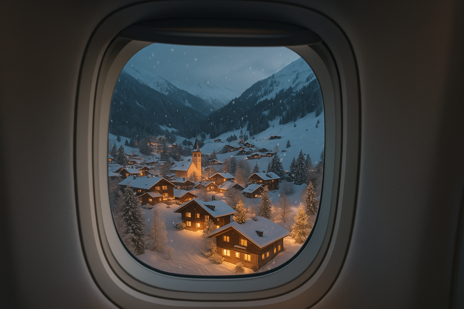 A snowy village at dusk viewed through an airplane window.