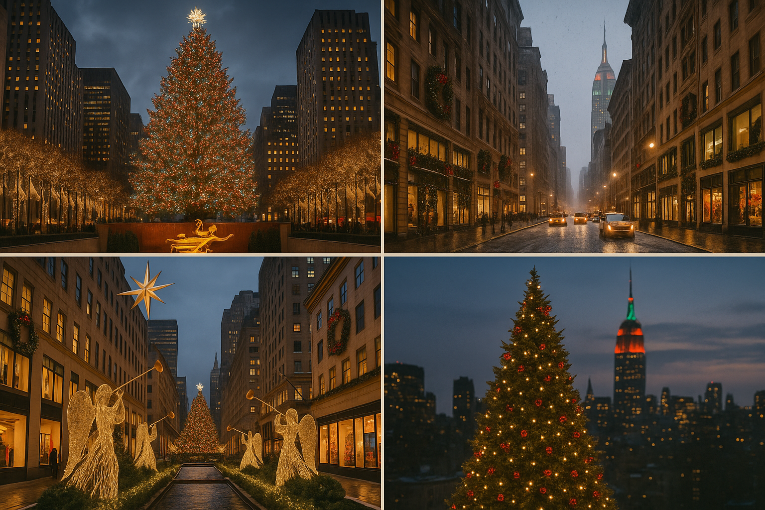 New York City Christmas collage with Rockefeller Center tree, Fifth Avenue holiday decorations, Midtown winter streets, and Empire State Building lights — Flight2Fashion NYC holiday travel inspiration