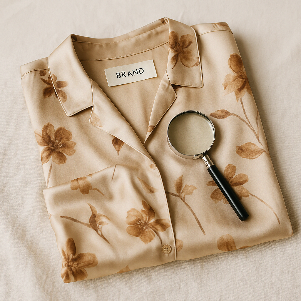A folded beige silk floral garment with a magnifying glass resting on it, illustrating how to examine fabric and construction details when evaluating secondhand clothing.