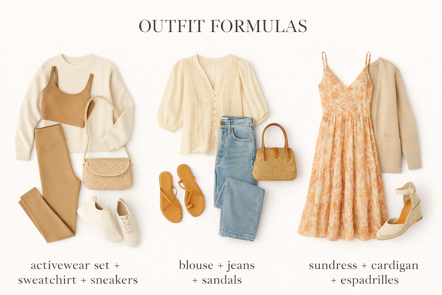 Three outfit formulas for different parts of the day: activewear, casual jeans-and-blouse, and a dress with a cardigan.