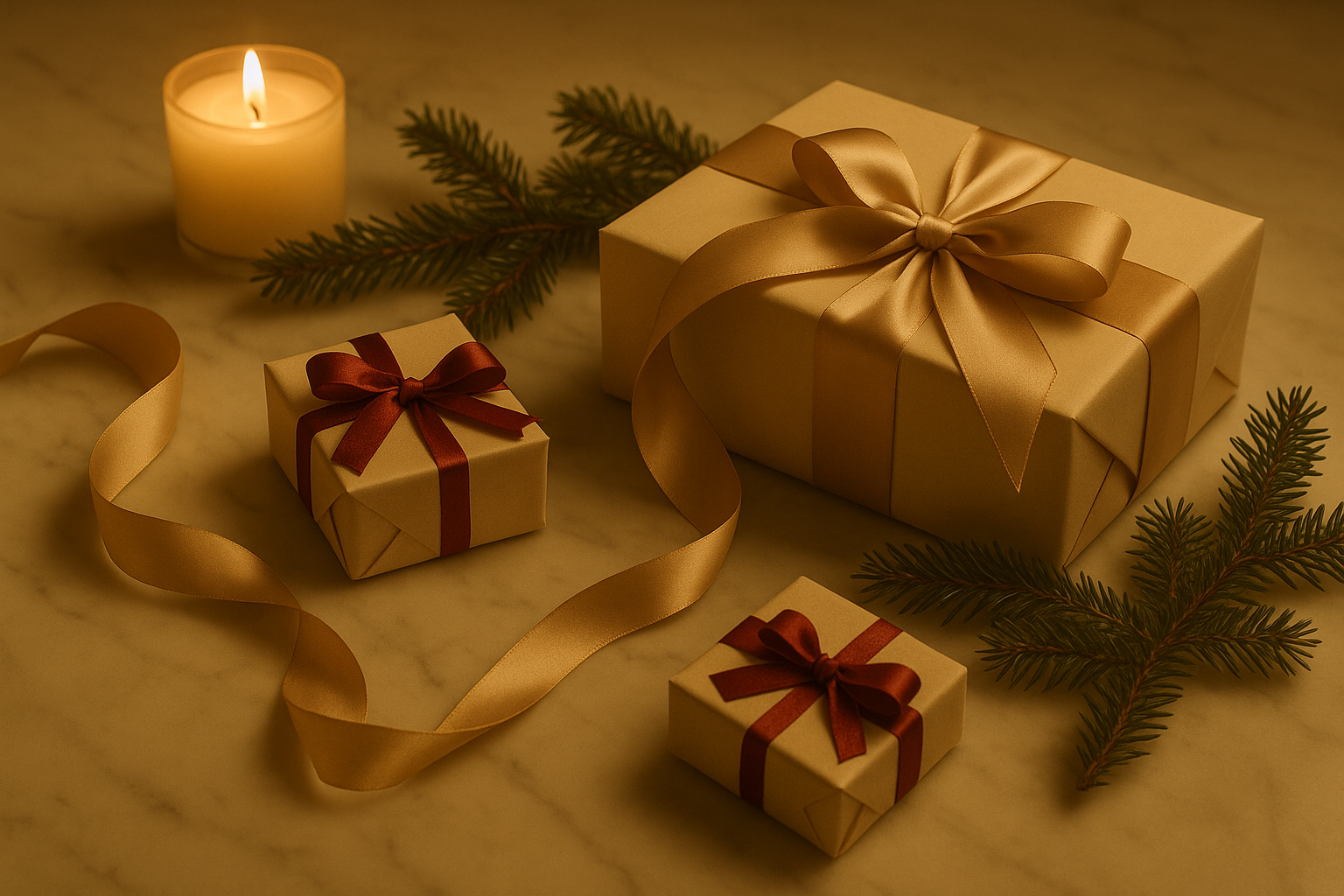 Holiday gift flat lay with gold and red wrapped presents, satin ribbon, candle, and evergreen sprigs.