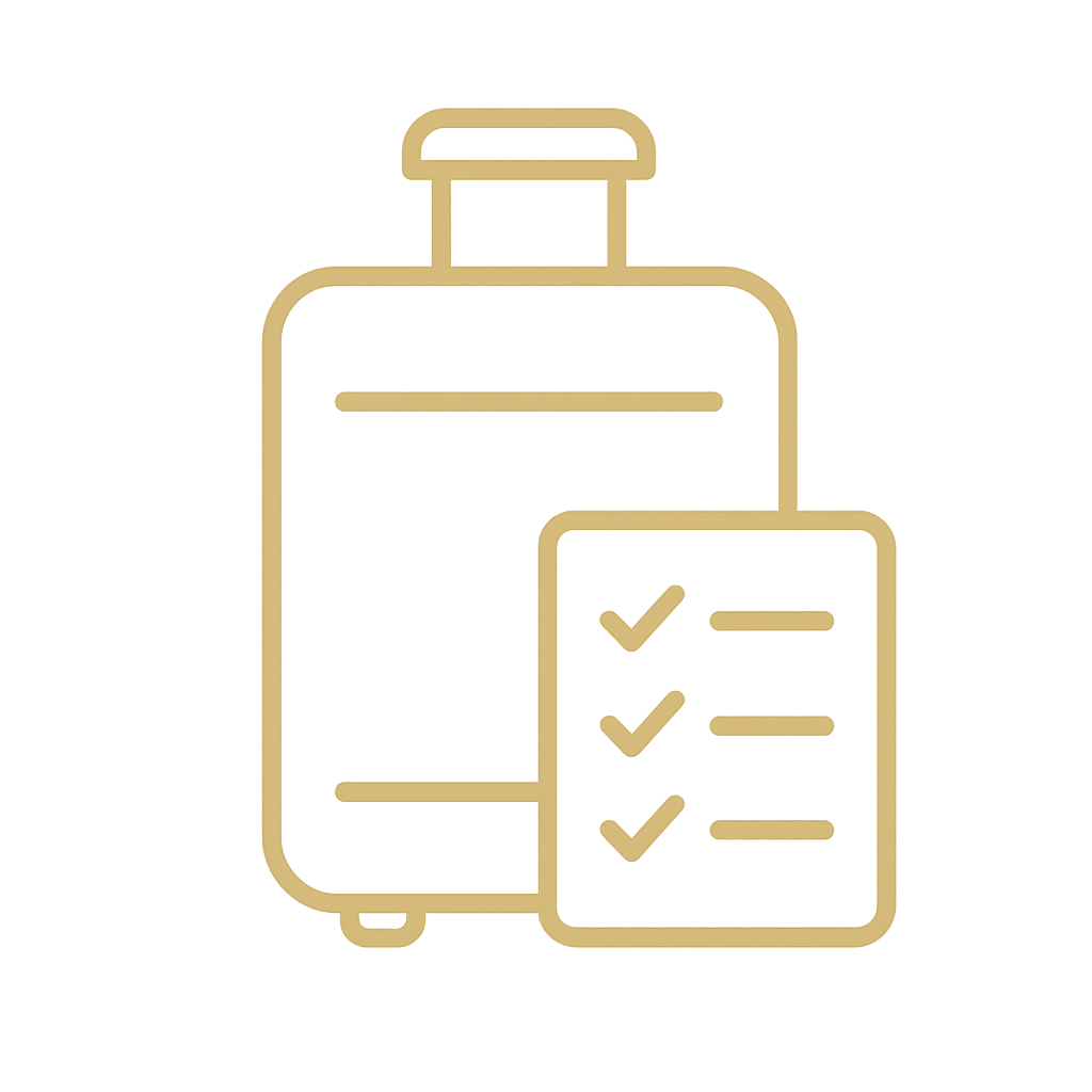 Minimal gold line icon of a suitcase with a checklist overlay, representing a step-by-step trip planning template