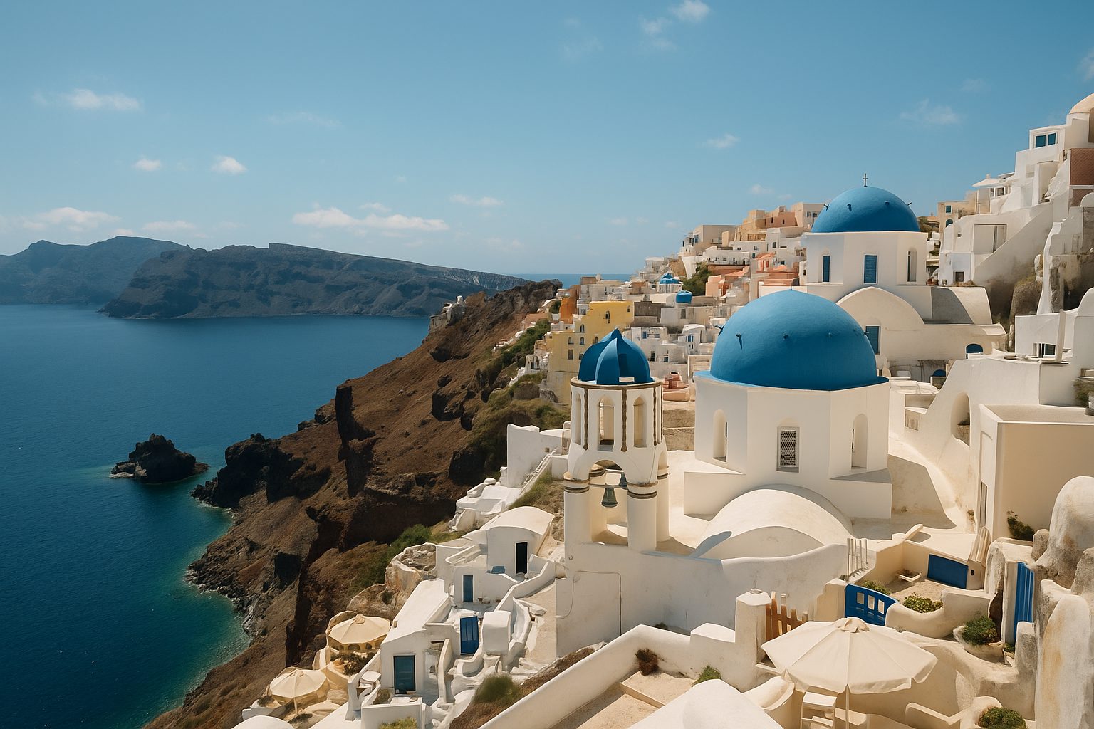 Whitewashed buildings with blue domes overlooking the Aegean Sea, set on a cliffside under a clear sky, evoking Mediterranean Spring/Summer travel inspiration.