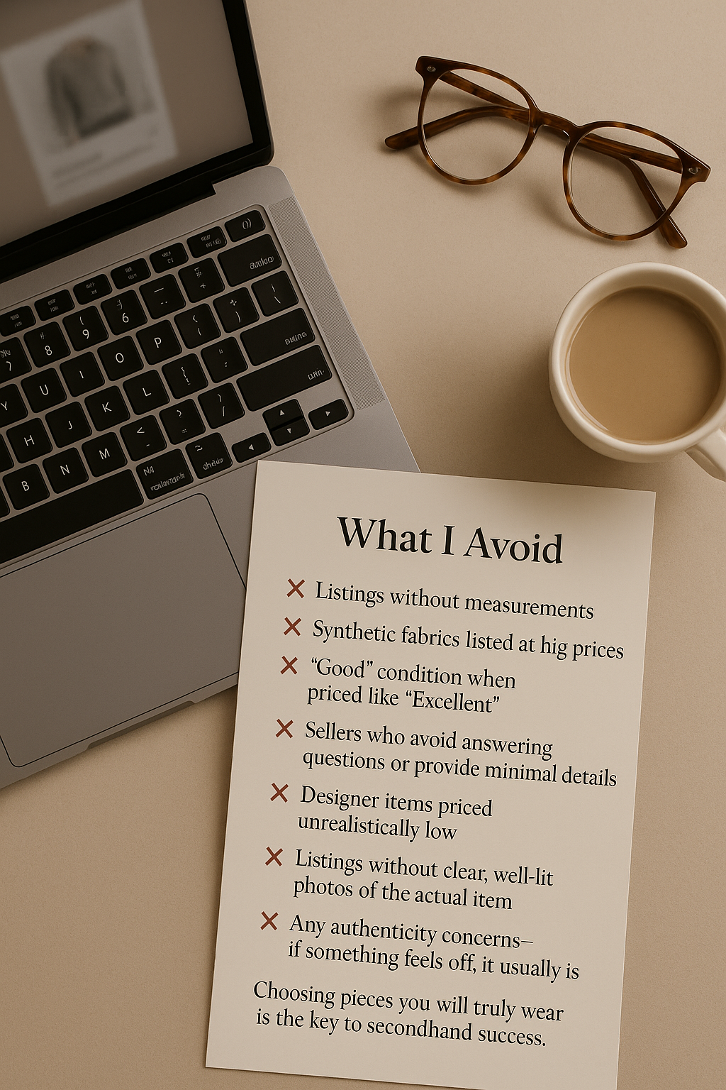 Neutral flat lay with a checklist of what to avoid when shopping secondhand.