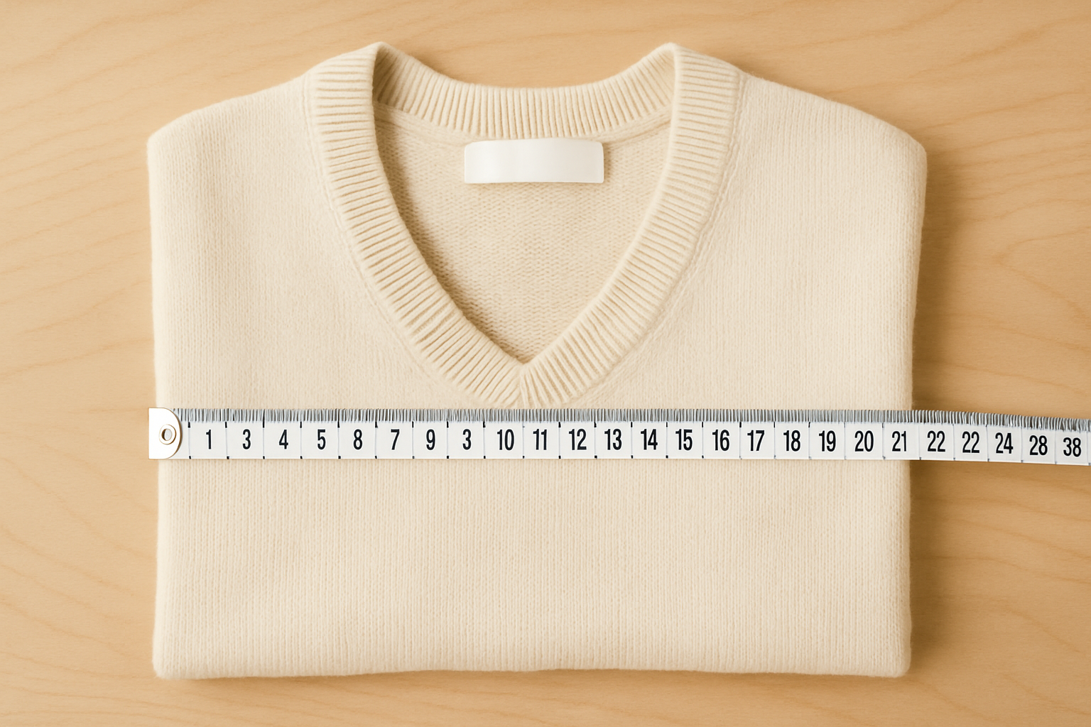 A neatly folded cream sweater on a wood surface with a measuring tape laid across it, illustrating how to check accurate clothing measurements when shopping secondhand.