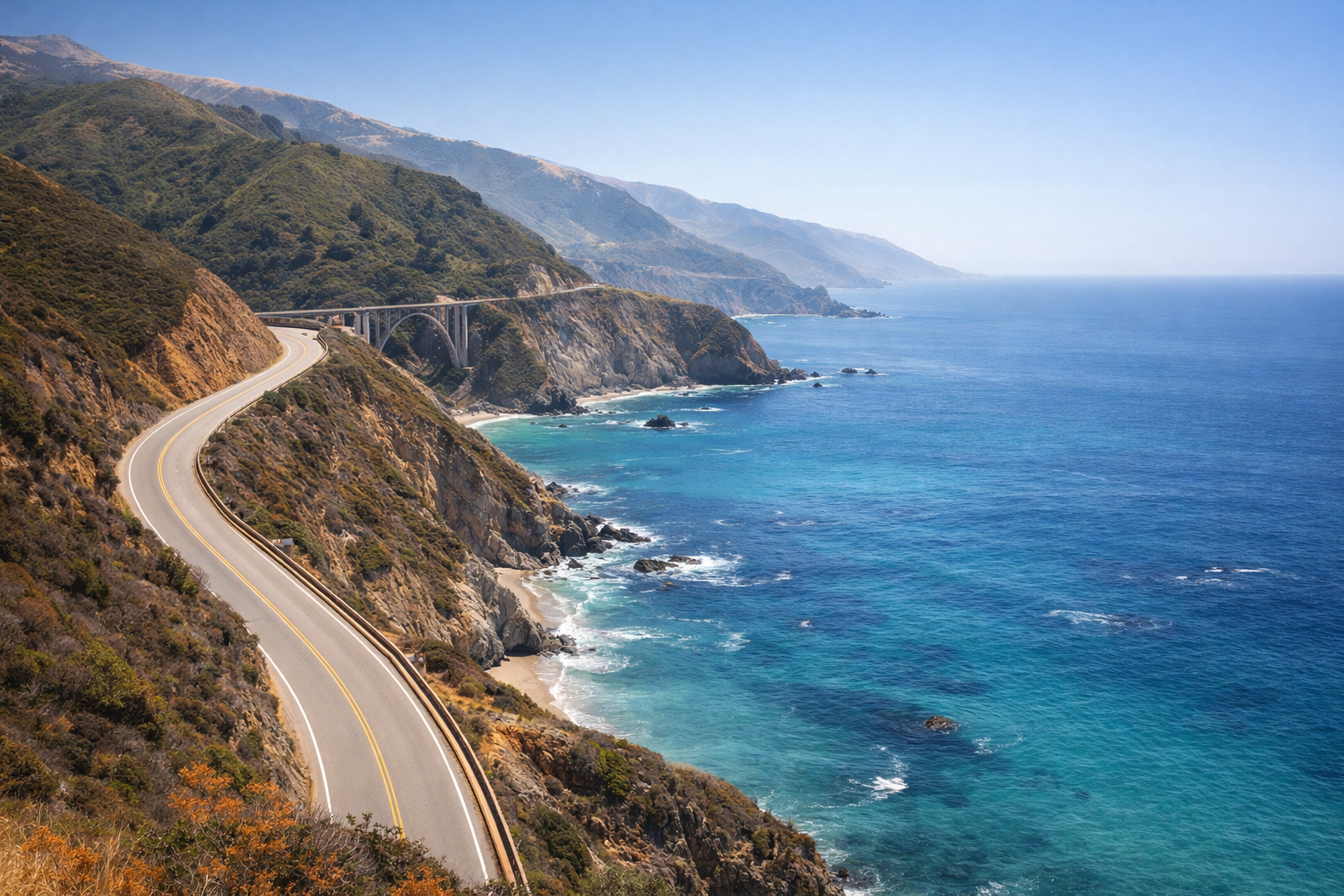 A scenic coastal highway winding along rugged cliffs above turquoise ocean water, captured on a clear day and evoking Spring/Summer travel inspiration.