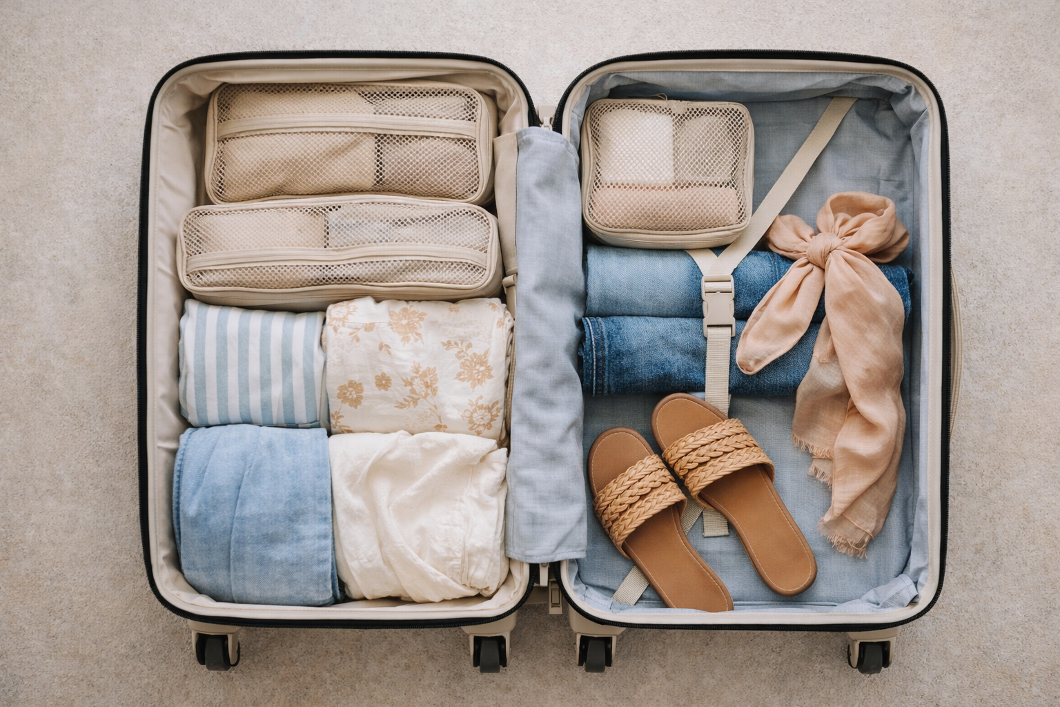 Open suitcase neatly packed with neutral travel wardrobe essentials, packing cubes, folded denim, linen pieces, flat sandals, and a soft scarf arranged in a calm, coastal color palette.