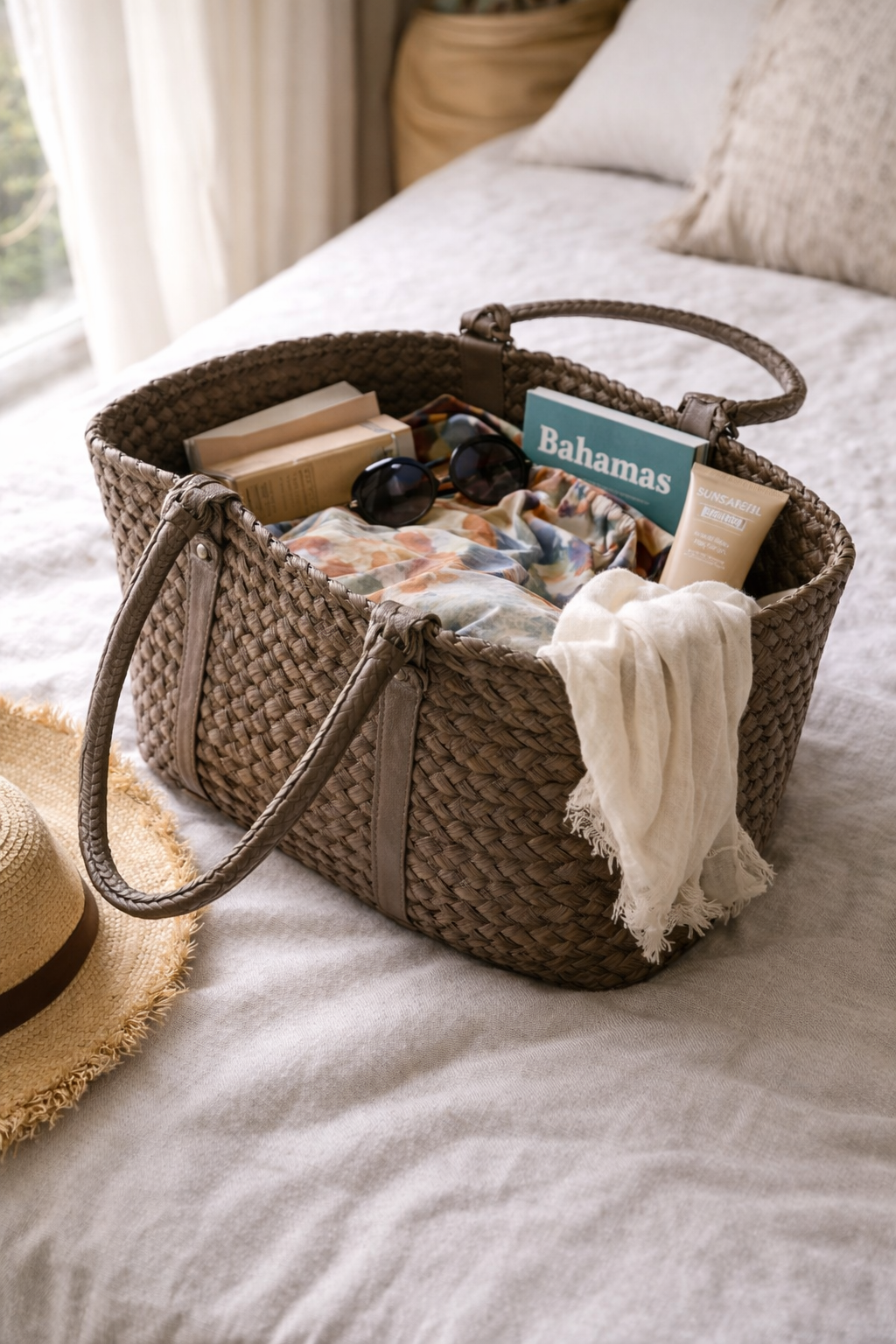 Woven tote bag filled with tropical travel essentials including a floral dress, sunglasses, sunscreen, a travel guide, and a lightweight scarf on a neutral bed.