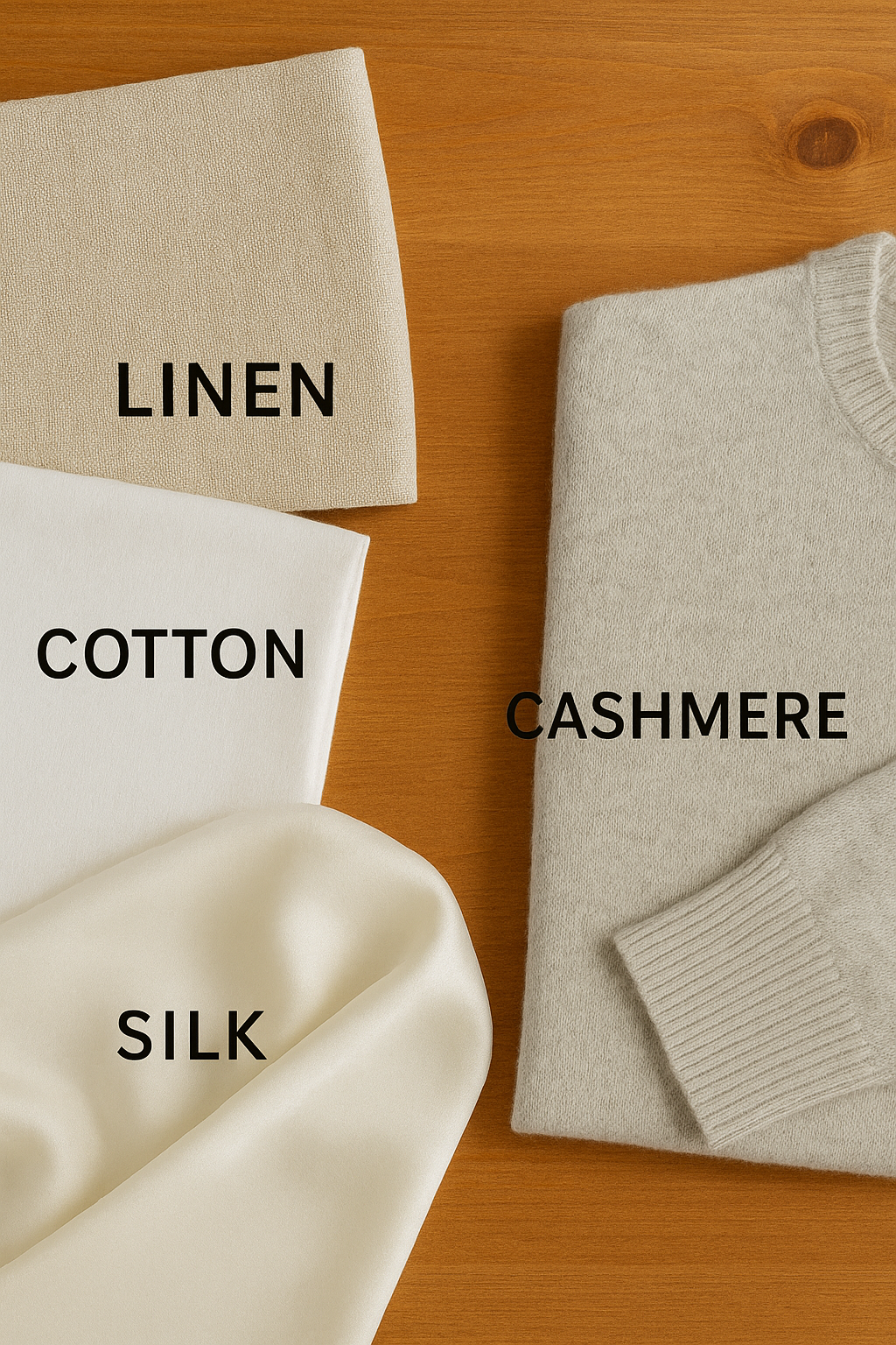 A flat lay of four natural fabrics—linen, cotton, cashmere, and silk—each labeled and arranged on a warm wood surface to illustrate fabric quality when shopping secondhand.