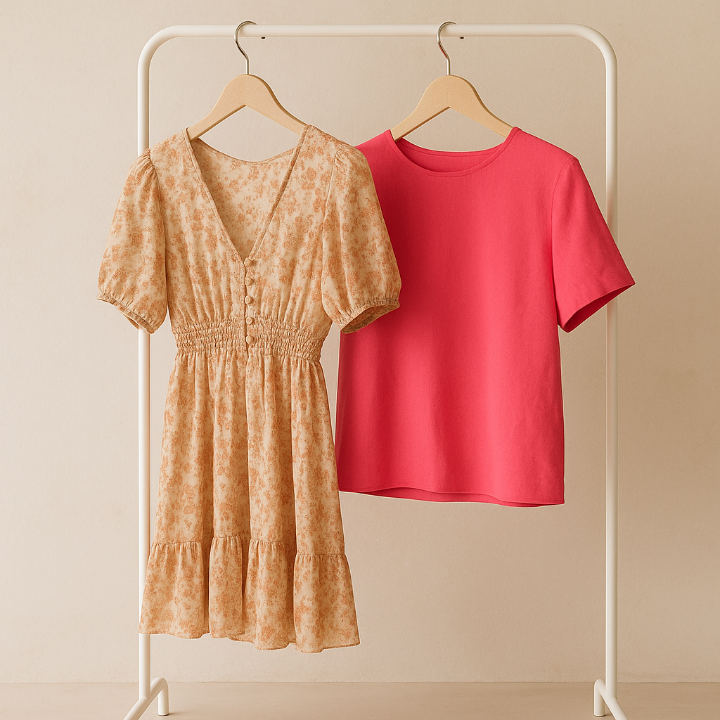 Floral dress and bright pink top on a rack illustrating what fits a style direction and what doesn’t.