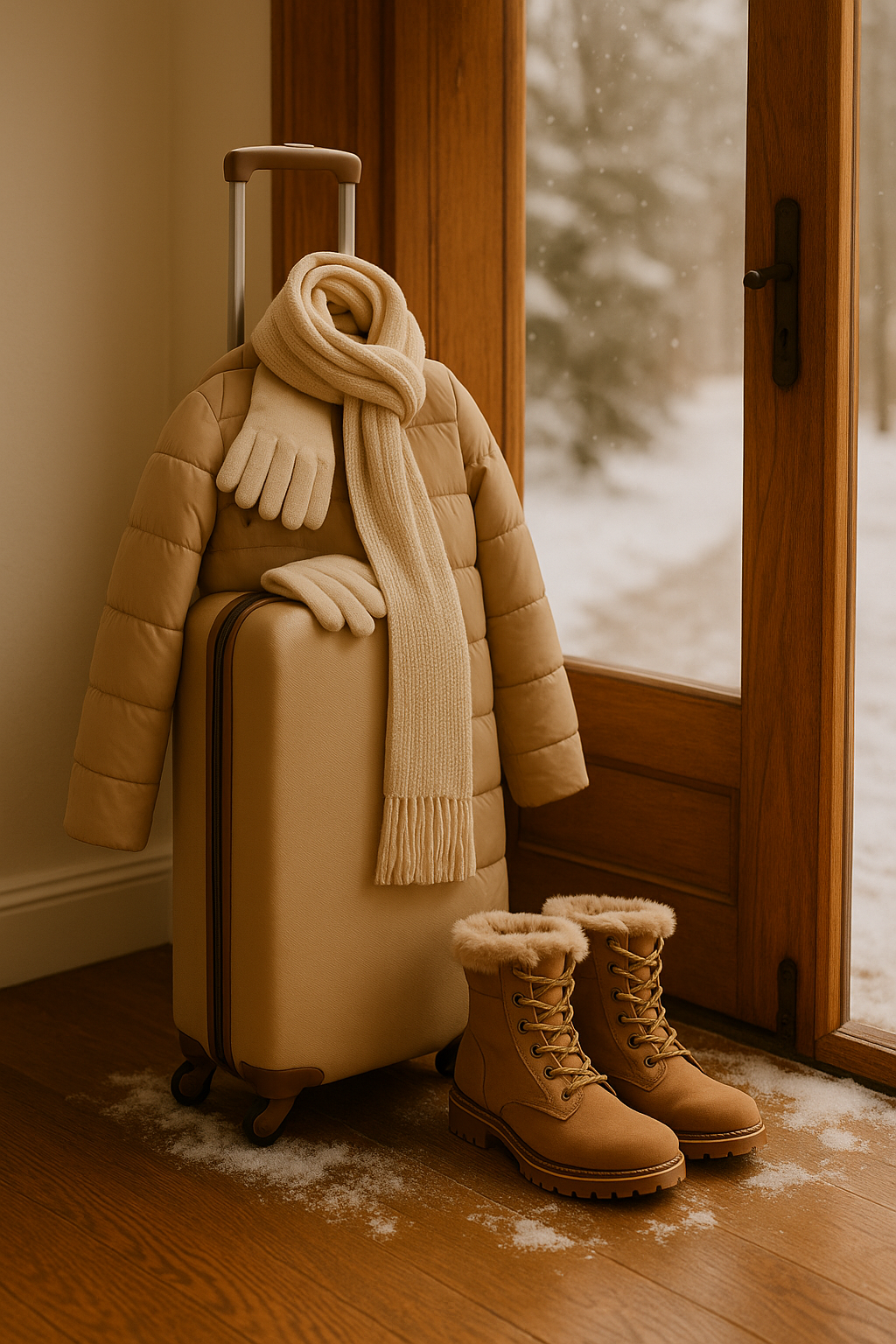 A neatly arranged winter travel scene featuring a cream puffer coat, matching scarf and gloves, a tan suitcase, and fur-trimmed boots by a snowy door — capturing cozy, feminine style for a winter weekend trip.
