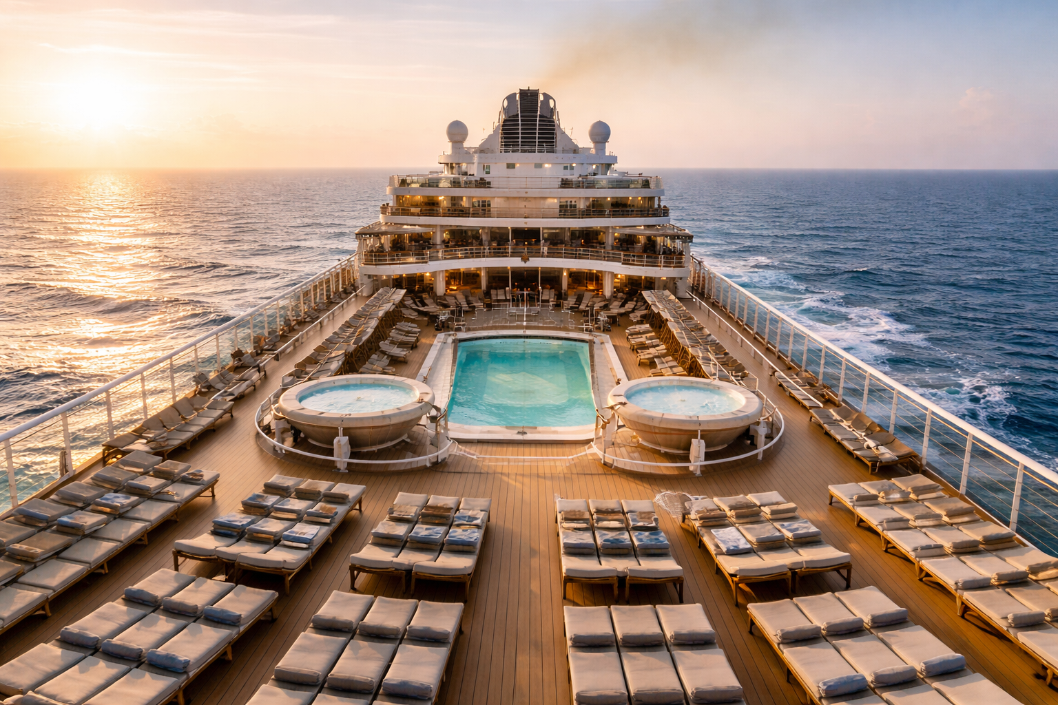 Upper deck of a cruise ship at sunset with pool, hot tubs, lounge chairs, and open ocean stretching to the horizon.