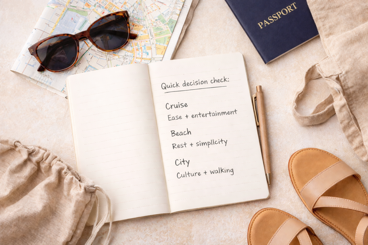 Flat lay of tropical travel planning essentials including an open notebook listing cruise, beach, and city trip options, a folded map, sunglasses, passport, sandals, and a linen pouch on a neutral background.