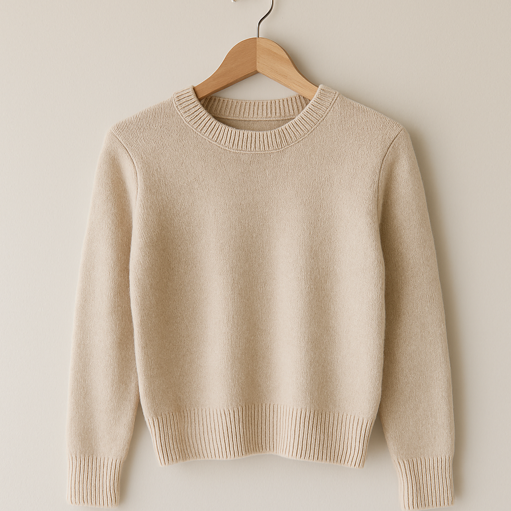 A well-lit garment hanging on a wooden hanger against a neutral wall, illustrating the type of clear, detailed photos to look for when shopping secondhand online.