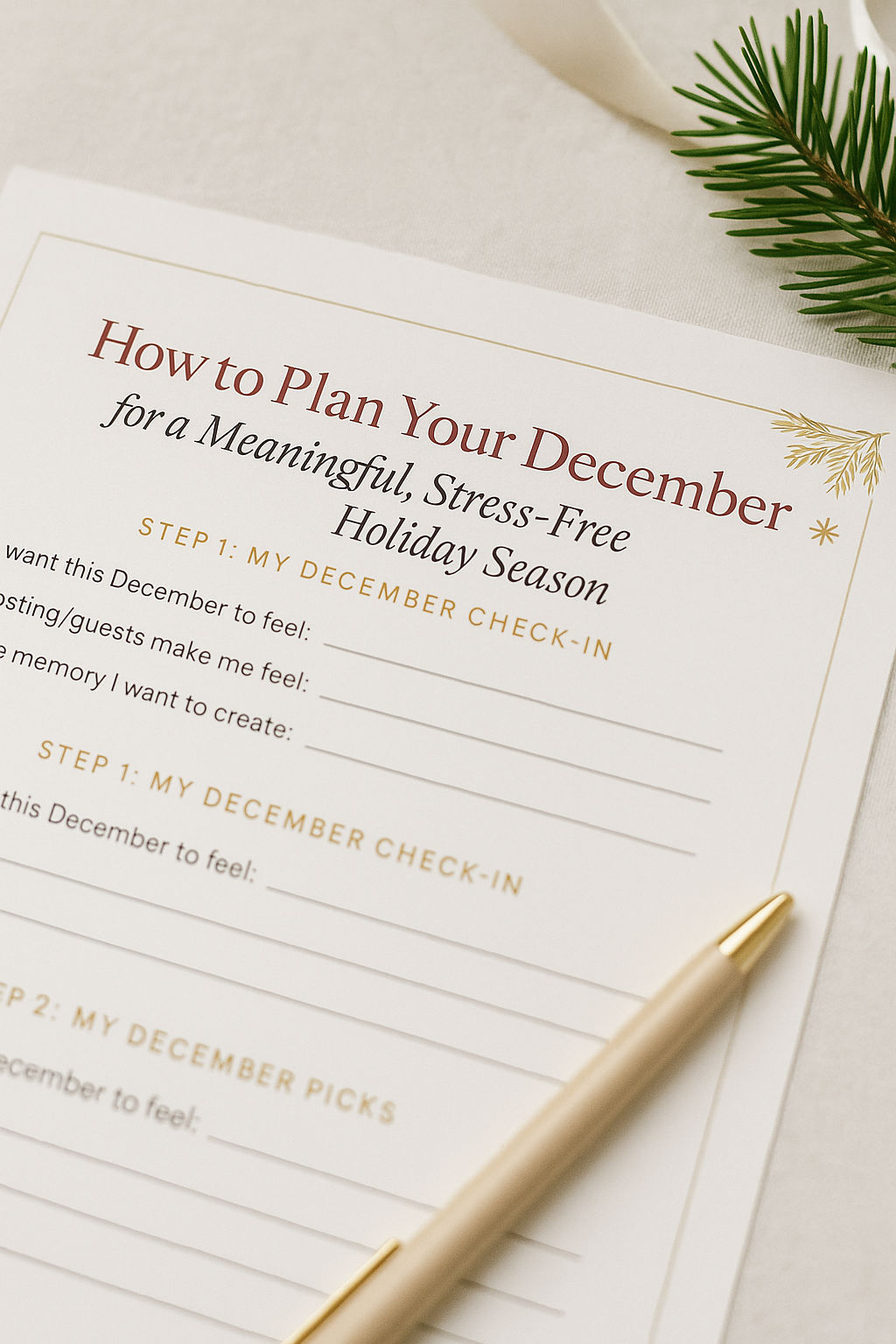 Partial view of Flight2Fashion December planning worksheet styled with pen and greenery — free printable download available at the end of the post