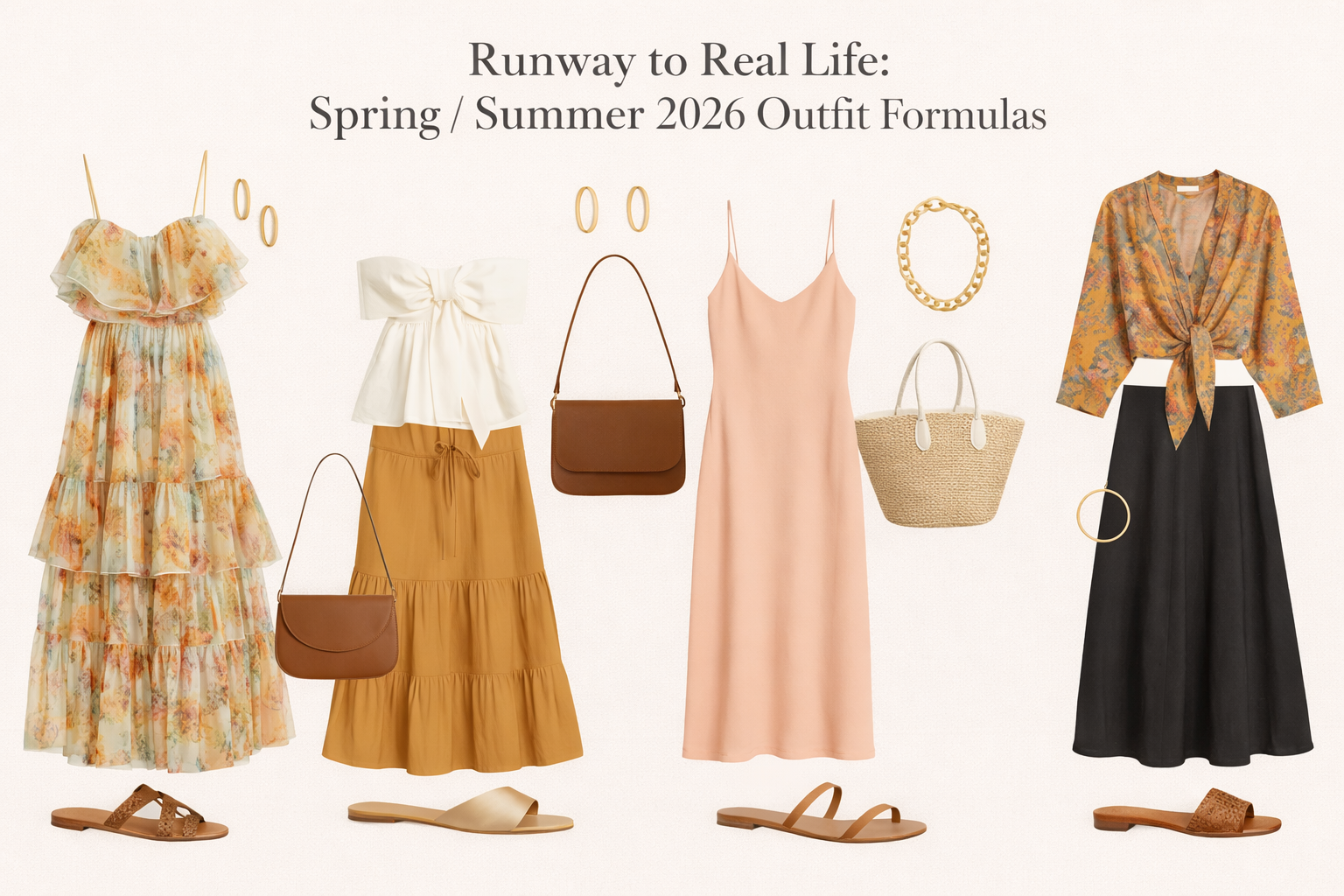 Spring/Summer 2026 flat-lay outfit formulas showing five wearable looks in soft florals, linen neutrals, blush tones, and black, styled with sandals, woven bags, and gold accessories on a clean neutral background.