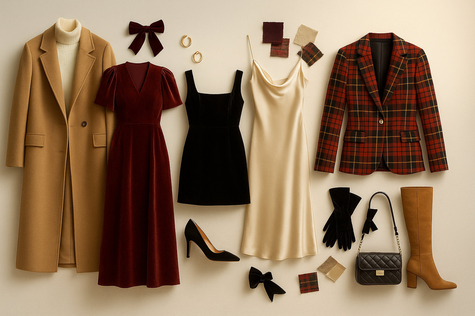 Holiday outfit flat lay with camel coat, burgundy velvet dress, black mini dress, champagne slip dress, plaid blazer, black heels, and tall suede boots.