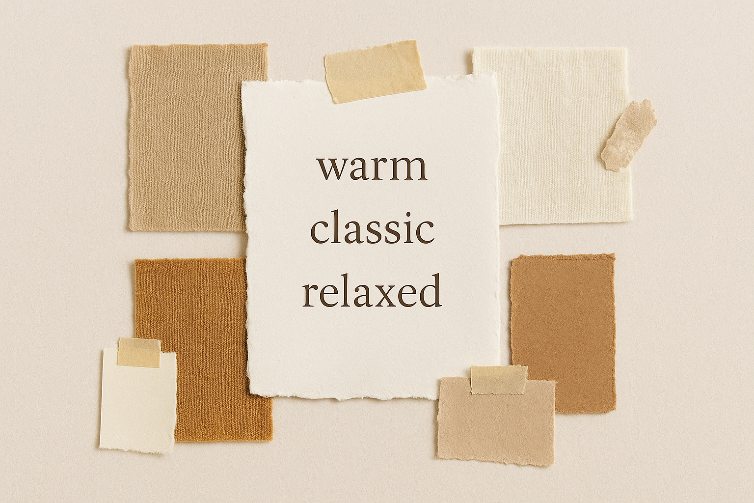 Warm-toned paper swatches surrounding a card with the words warm, classic, relaxed.