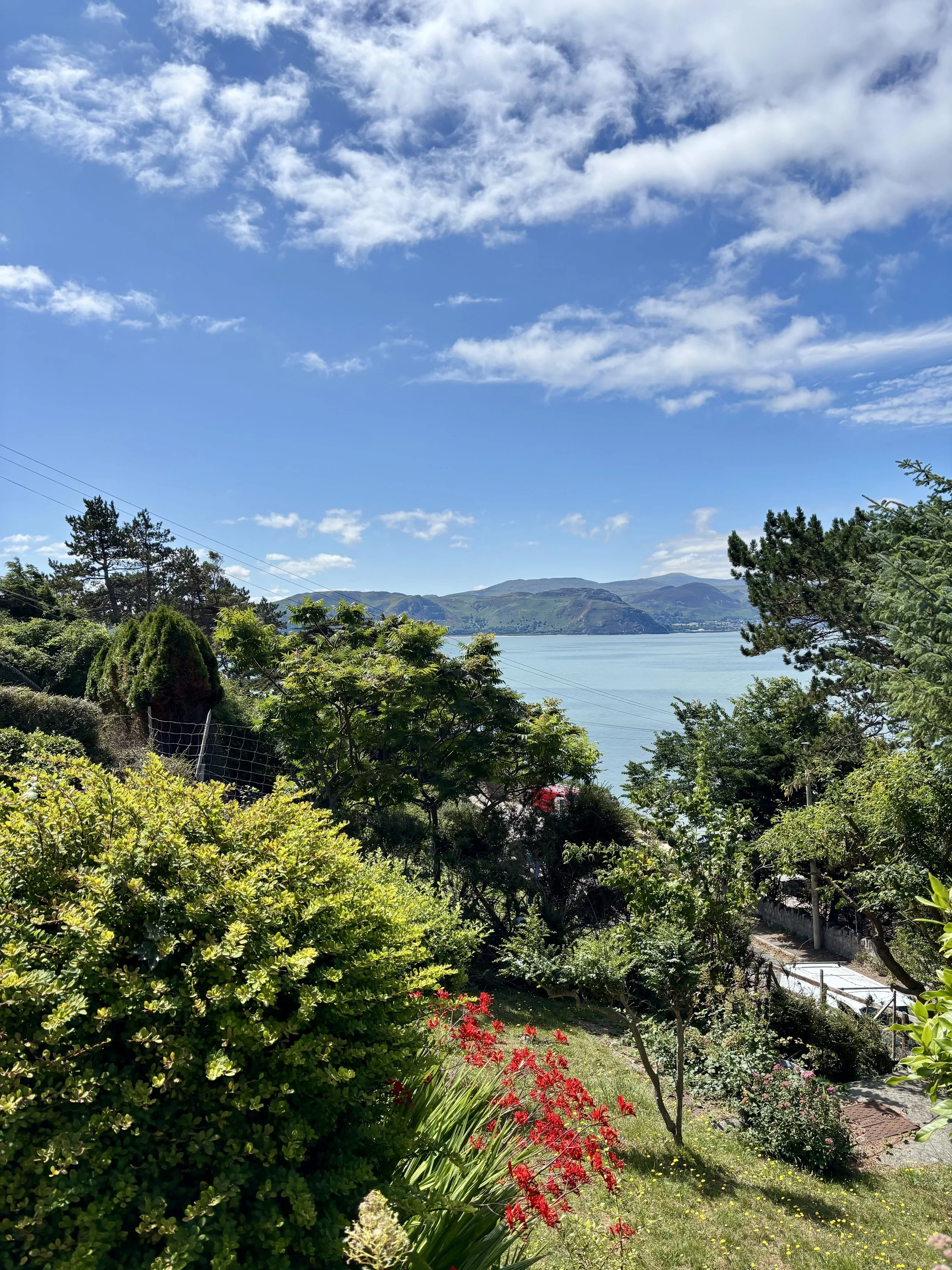 Scenic view of a lush garden overlooking a large body of water with hills in the background, under a partly cloudy blue sky.