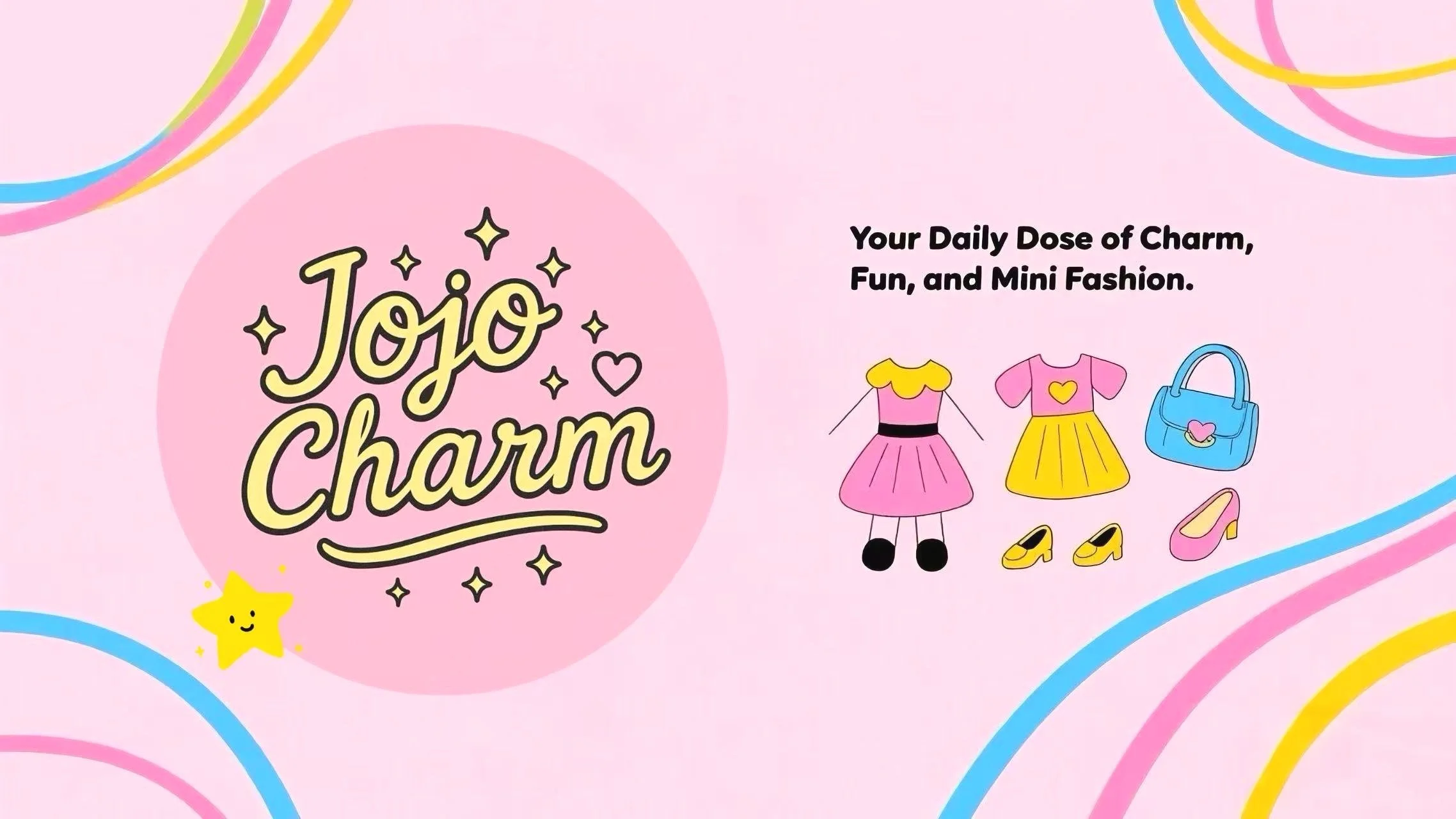 Pink background design with the logo "Jojo Charm" at the center, surrounded by playful stars, hearts, and colorful stripes. Displayed items include Labubu doll clothes, small handbags, and cute bag accessories. Brand slogan: “Your Daily Dose of Charm