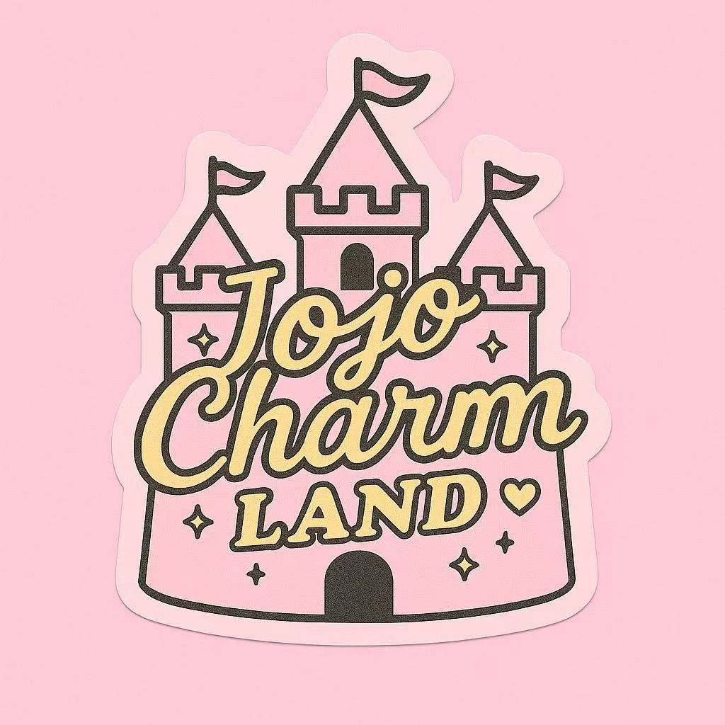 A pink sticker with a cartoon castle and the words "Jojo Charm Land" in stylized font.