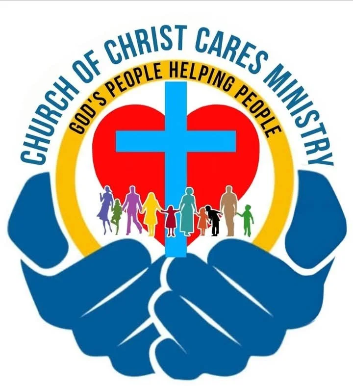 Graphic of two blue hands holding a heart with a cross inside, surrounded by colorful silhouettes of people, with the text "Church of Christ Cares Ministry" and "God's People Helping People."