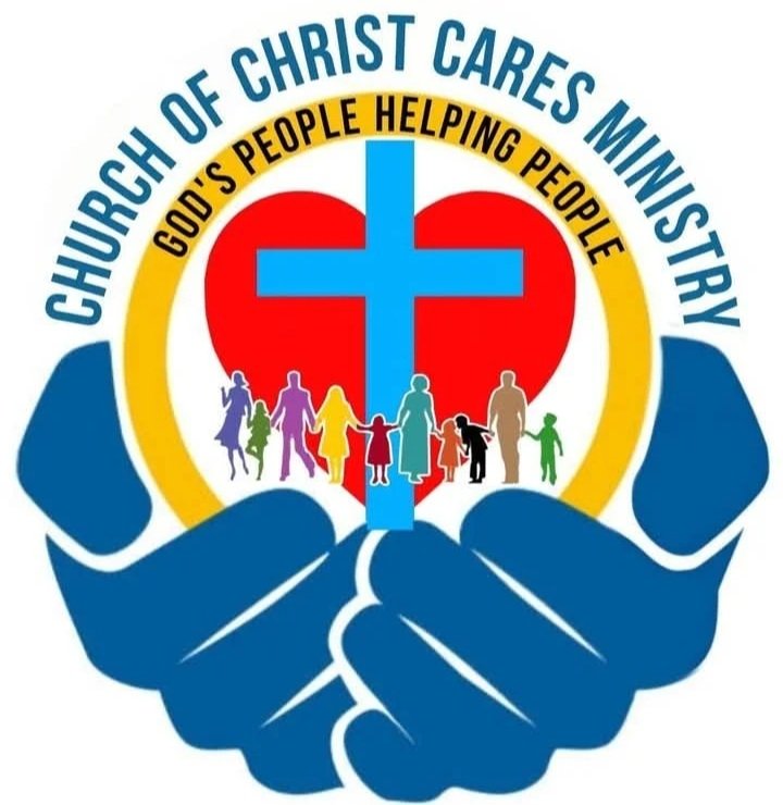 Logo of a church with the text 'Church of Christ Cares Ministry' and 'God's People Helping People'. It features two blue hands holding a circle containing a red heart, a large blue cross, and colorful silhouettes of people holding hands.