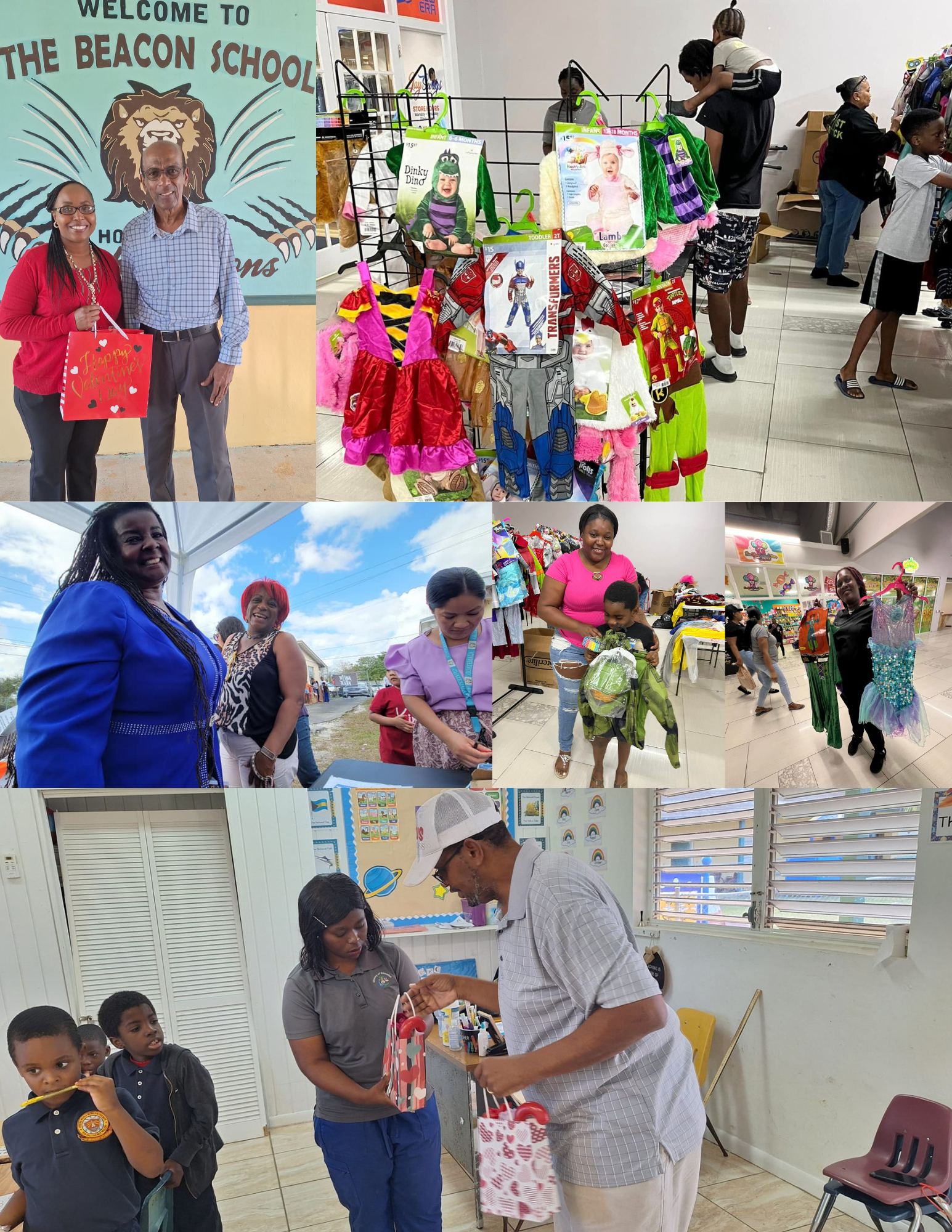 Group of people at a school event, shopping for costumes and gifts, and receiving presents in a classroom.
