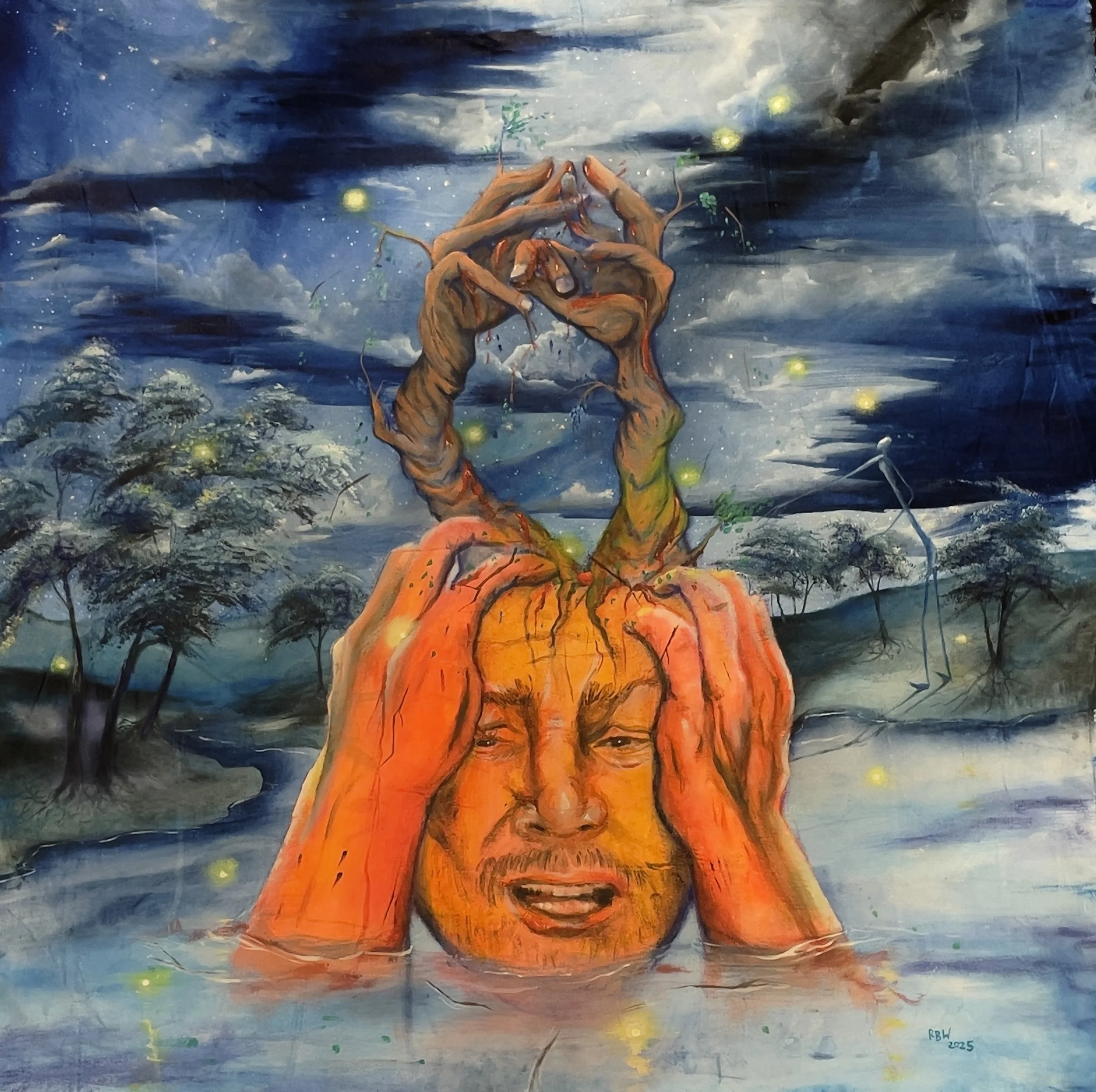 -WAR-	
Gallery Price $1984
Bids start at $100
2025	
32x31 Acrylic	

The hand trees fight over and apple ripping each other's fingers off in a war over a piece of fruit they claim is theirs. Neither of the trees are apple trees. They grow out of the s