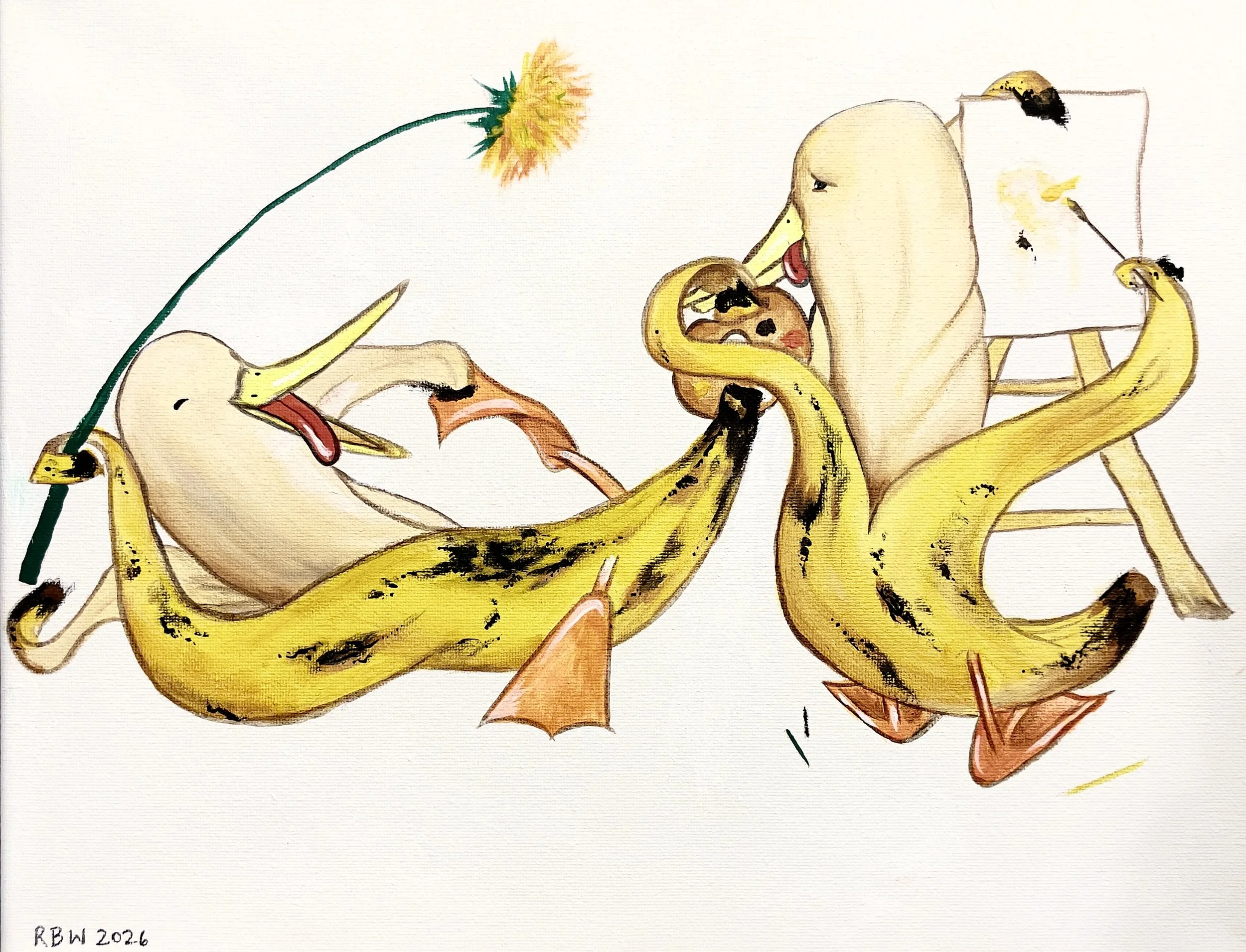 -Like One of Your French Bananas-	
Gallery Price: $320
Bids start at $60
2026 
11x14 Acrylic

Everyone asks me to paint them like "one of your french girls" which I think is... Bananas. 	