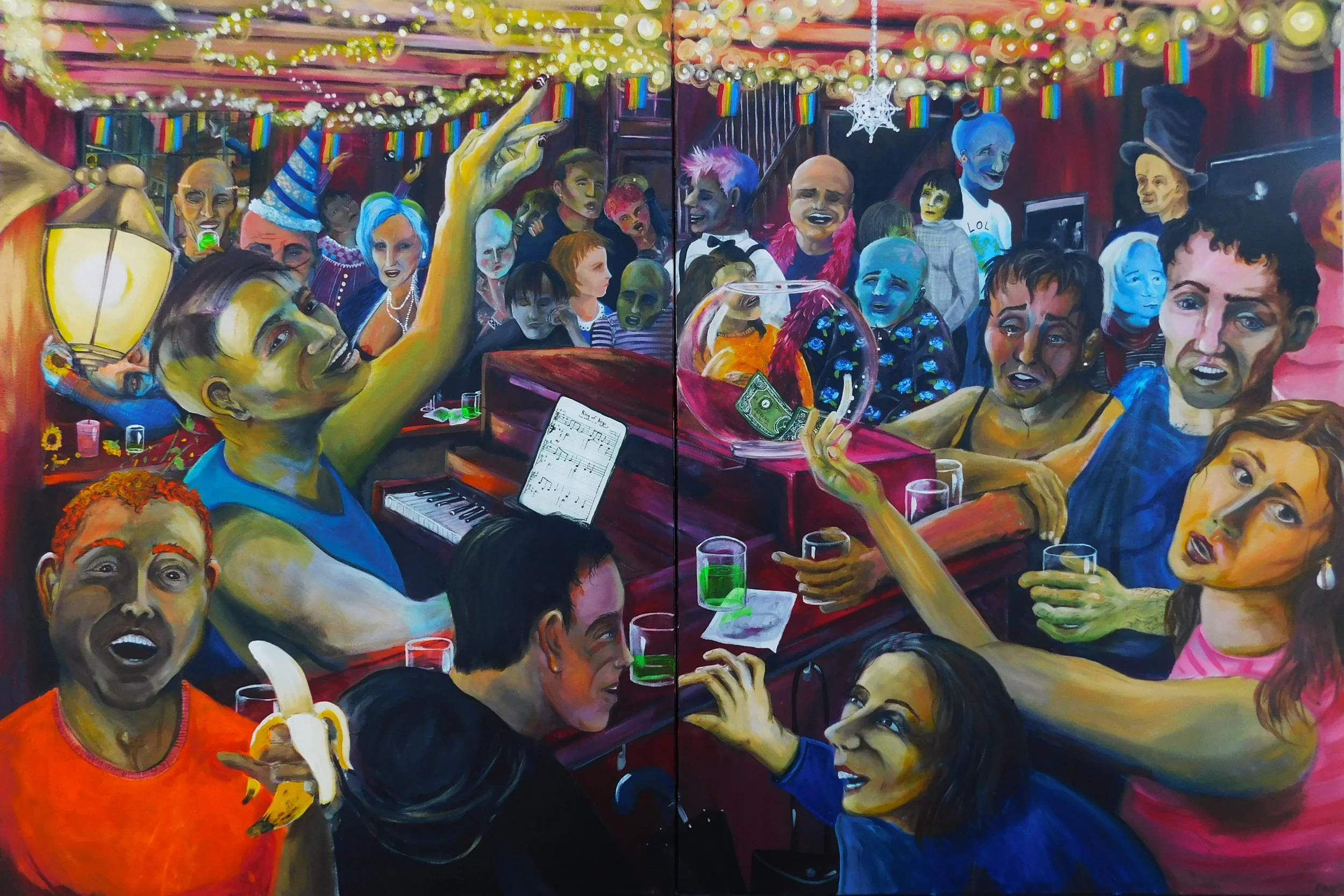 -Midnight At Marie’s-
Gallery Price $7000
Bids start at $1000
2020	
40x60	Acrylic		
	
This painting depicts Marie's Crisis Piano Bar in the West Village. The viewer of the painting is blackout drunk and belting as the patrons stare in annoyance.	