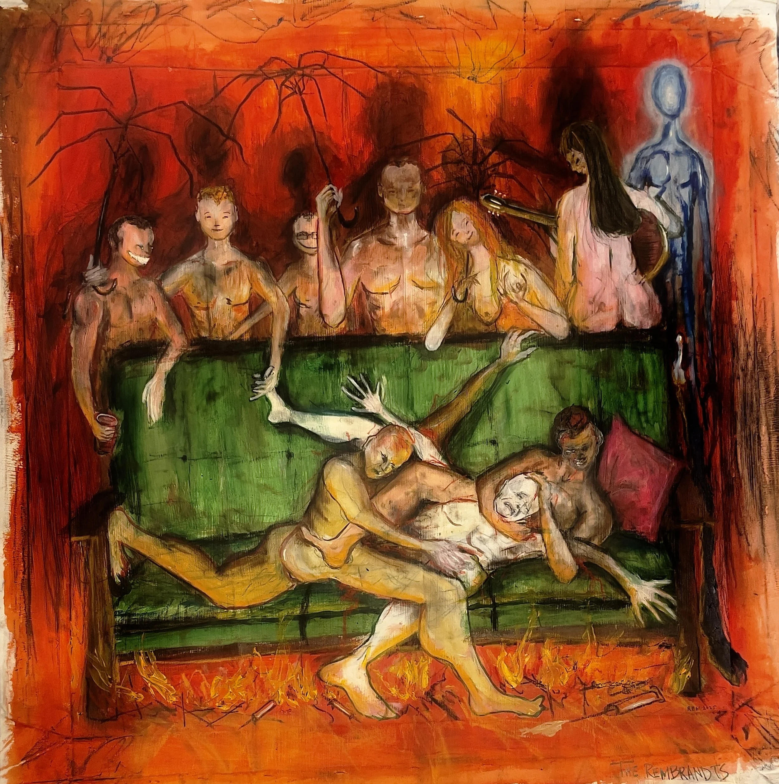 -The Rembrandts-	
Gallery Price: $1280
Bids start at $100
2025	
24x24	Acrylic	

This image depicts a group of friends that abandoned me,  and co-workers that harassed me-leading to a deep depression that eventually became self destruction. I am on a 
