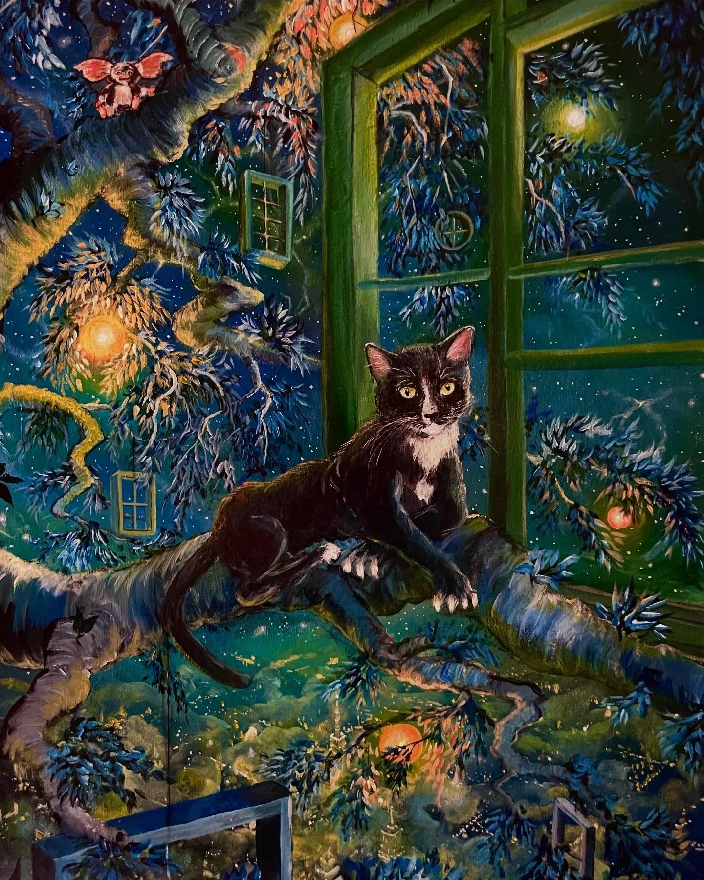 &quot;Gizmo's Window&quot; 
Acrylic on canvas 18x24
SOLD
Our cats never leave us. They go to a beautiful world just beyond the corners of our eyes. There; there is a giant cat tree. It's full of all the windows in our world. And our cats visit our wi