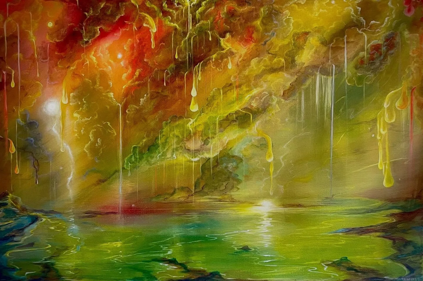 &quot;How Slowly the Sky Falls&quot;
SOLD.
What I wrote to my client; 
&quot;I thought a lot about your dad and you. He at the horizon and you on the left reaching towards the sea with an arm of light. --Sunlight is made of rainbows and as we relent 