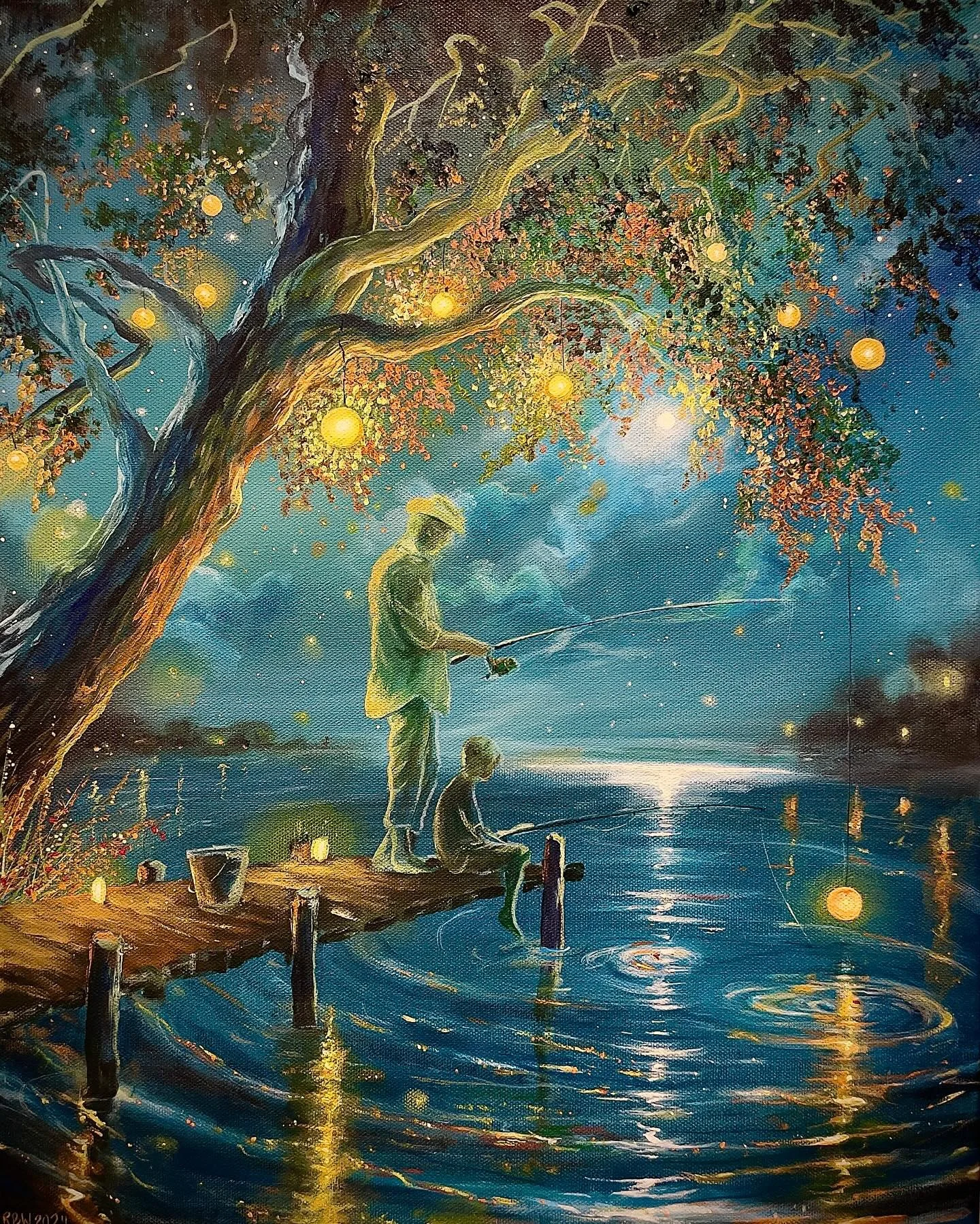 &ldquo;Fishing for Memories&rdquo; 
Just finished this Christmas commission; a persons childhood memory of fishing with their grandfather. 
🥰🥹
I&rsquo;m still taking commissions! Working on a kids book, and three other paintings at the moment- but 